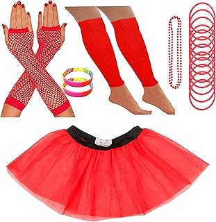 REDSTAR FANCY DRESS - Pack de Fiesta - Tutú, Calentadores, Guantes, Collar, brazaletes de Goma y Pulseras - Neón - Rojo - 78-98 cm