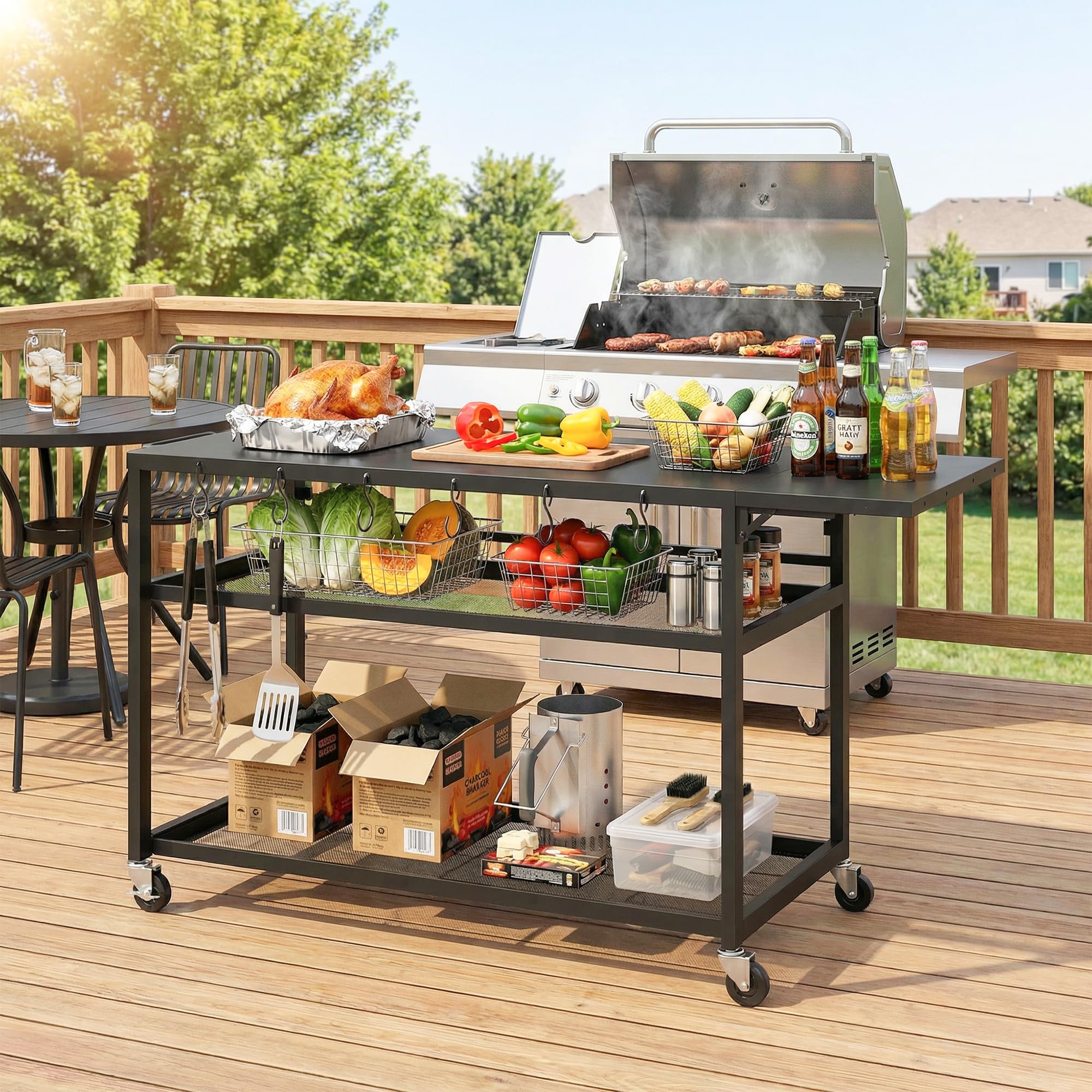 Outsunny - Carro de barbacoa con ruedas, isla de cocina con bandeja lateral plegable, tres estantes, ganchos y punzonado, 133 x 48,5 x 82 cm, color negro