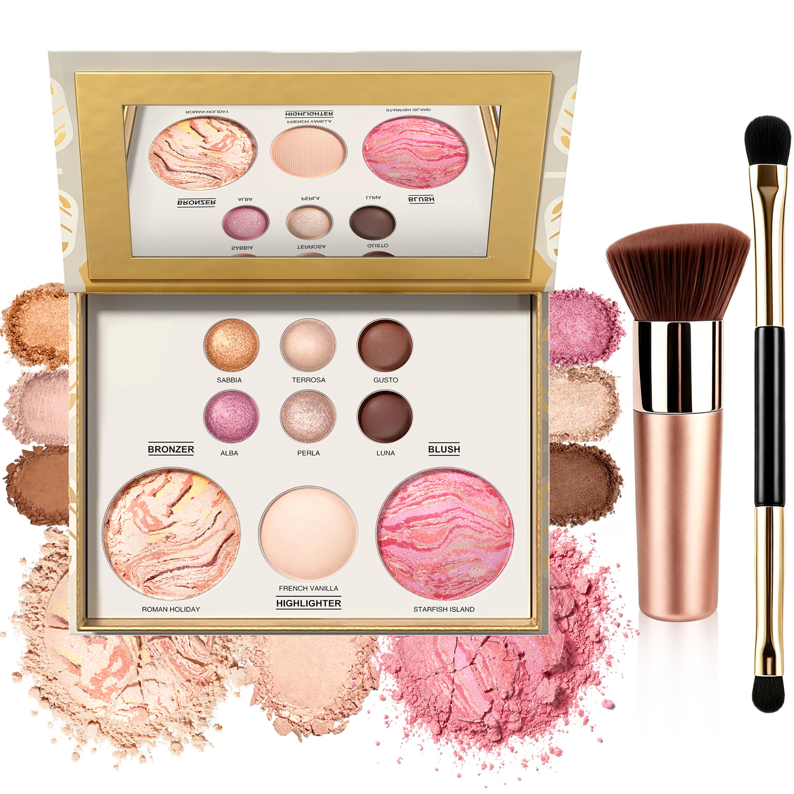 All in One Baked Makeup Face Palette, Neutral Eyeshadow Palette, Includes Blush, Bronzer Powder, Highlighter Makeup, Eye Shadow for Older Women, Shimmer & Matte, Buildable Pigmented, Travel Makeup Kit Multicolor
