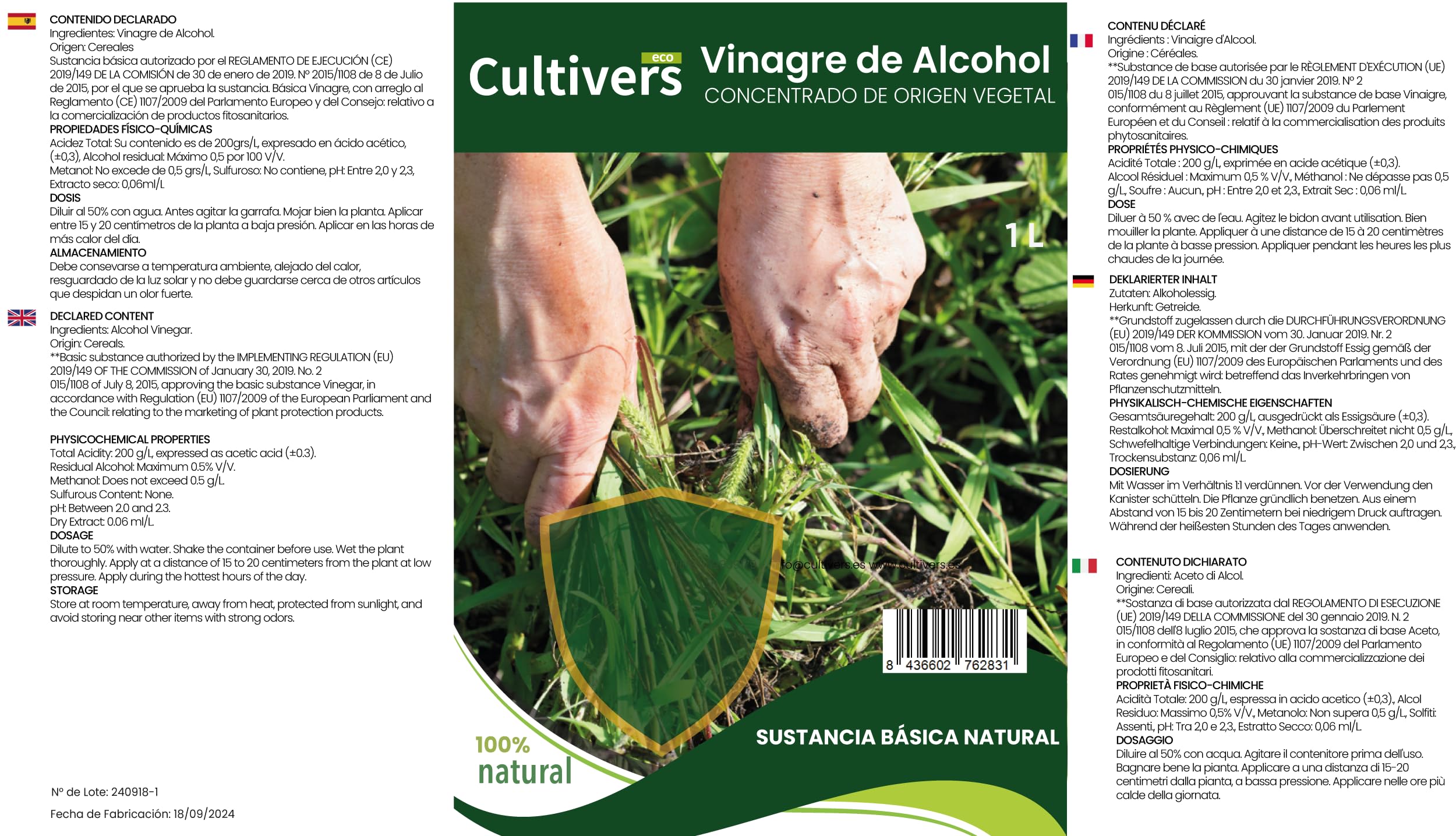 CULTIVERS Vinaigre alcoolique 20 L 100% naturel Élimine mauvaises herbes Nettoyant irrigation Fongicide bactéricide Régulateur pH