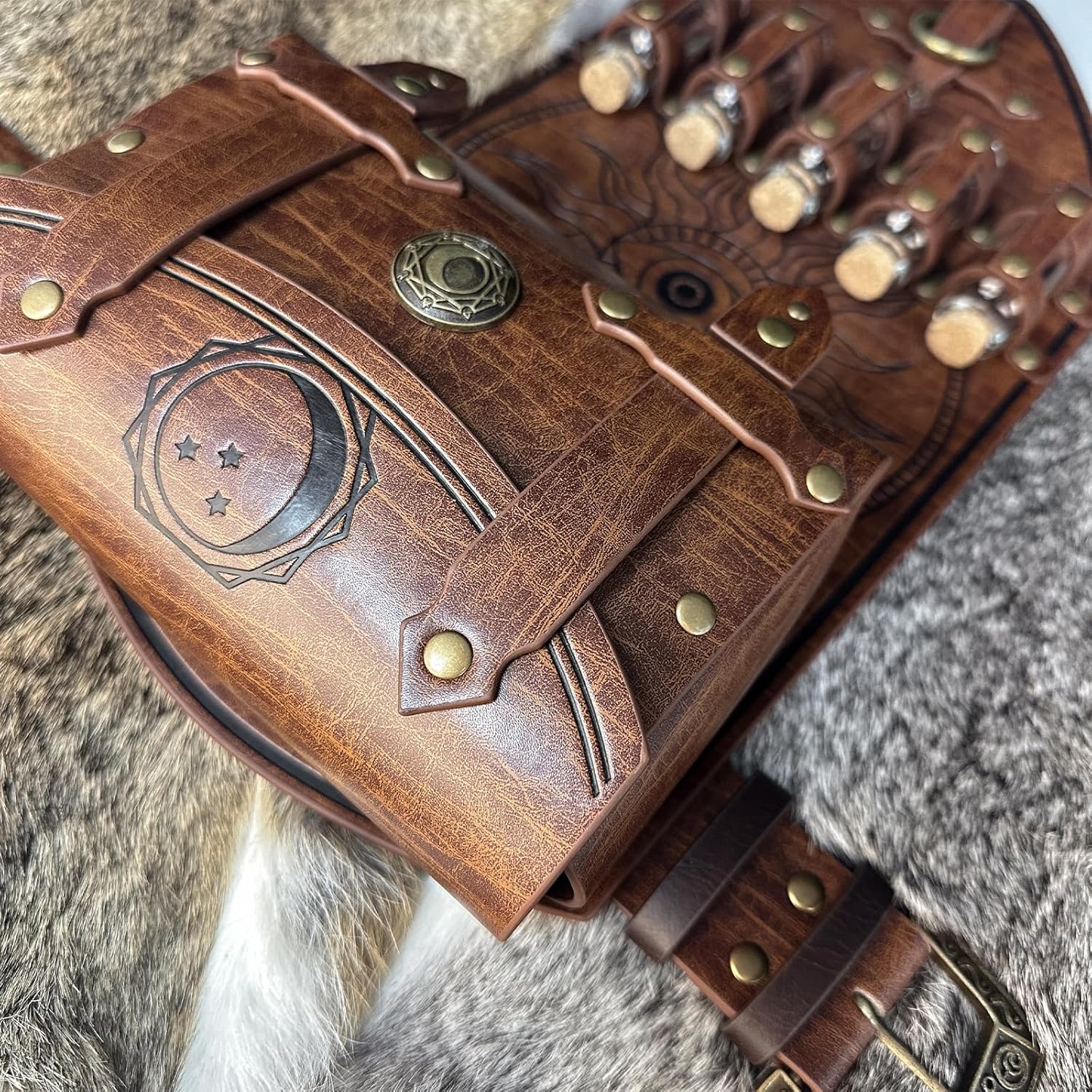 HiiFeuer 3PCs Medieval Alchemy Faux Leather Belt Bag Set with 5 Cork Potion Vials, Fantasy Embossed Wizard Belt (Brown A) - Image 5