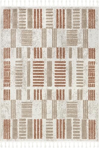 Miniatura 2 de nuLOOM Nimah - Alfombra geométrica con borlas altas, 5 pies 3 pulgadas x 7 pies 6 pulgadas, beige