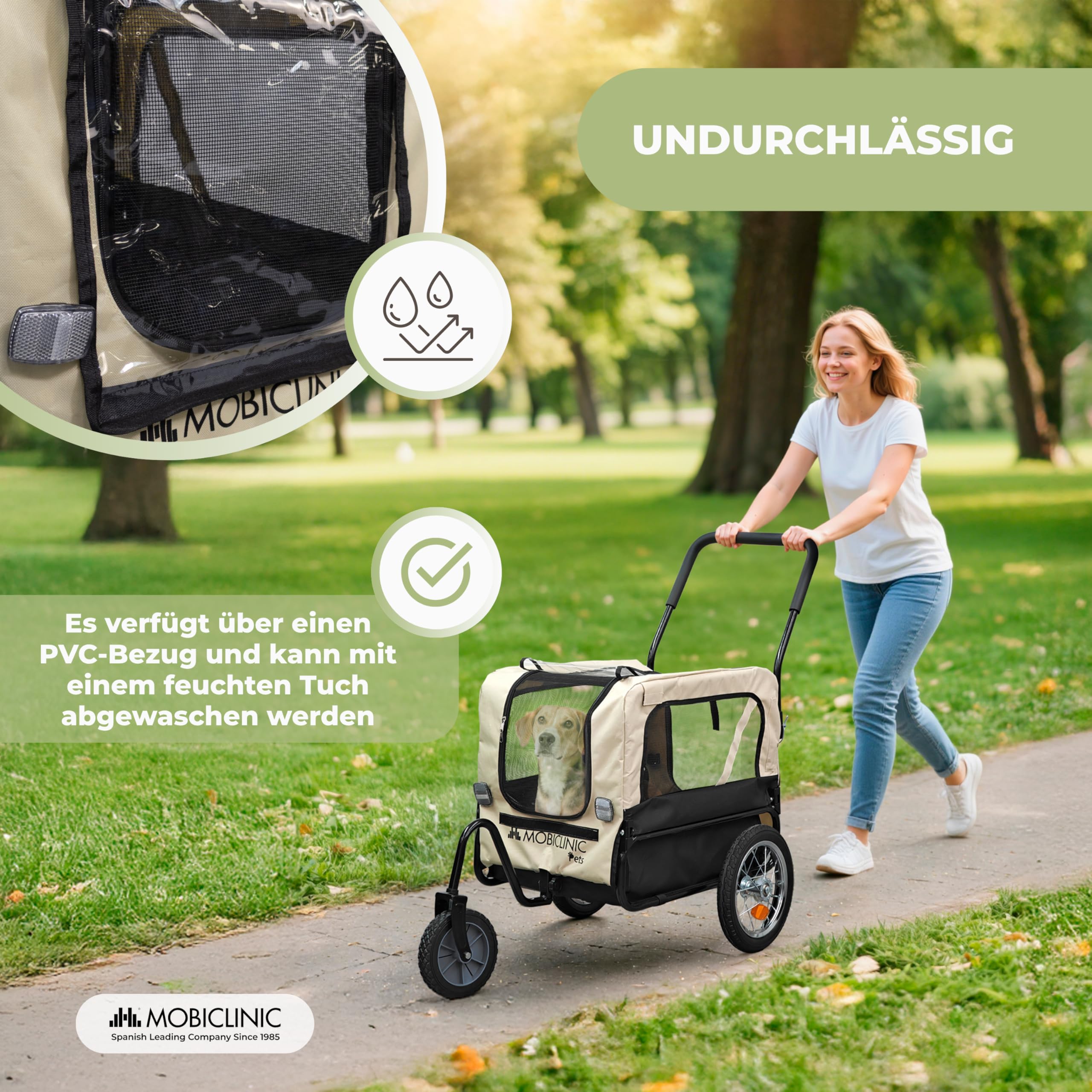 Mobiclinic®, Hundeanhänger für Fahrrad + Hundewagen, 2 in 1, Bis 40 kg, wasserdichte Abdeckung, 123x67x100 cm, Reflektoren & Fahne, 600D Oxford, Für Kleine und Mittelgroße Hunde