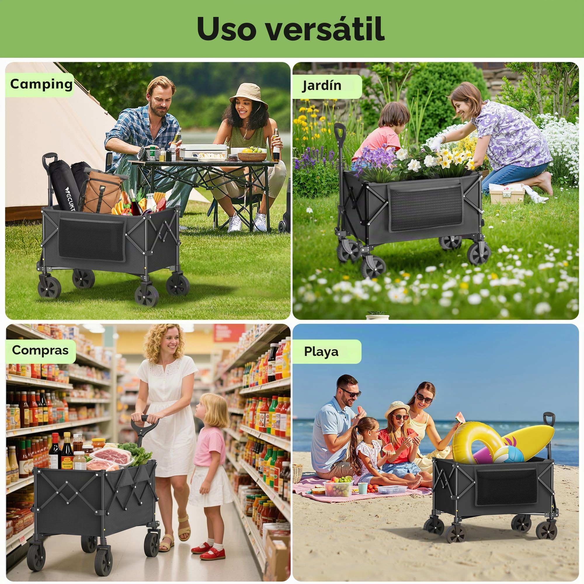 Morpilot Plegable 220L / 150 kg, Ruedas Todoterreno para Playa y Césped, Asa Ajustable, Fácil de Plegar, Cabe en Maletero, Carro para Camping, Compras y Jardín, Negro