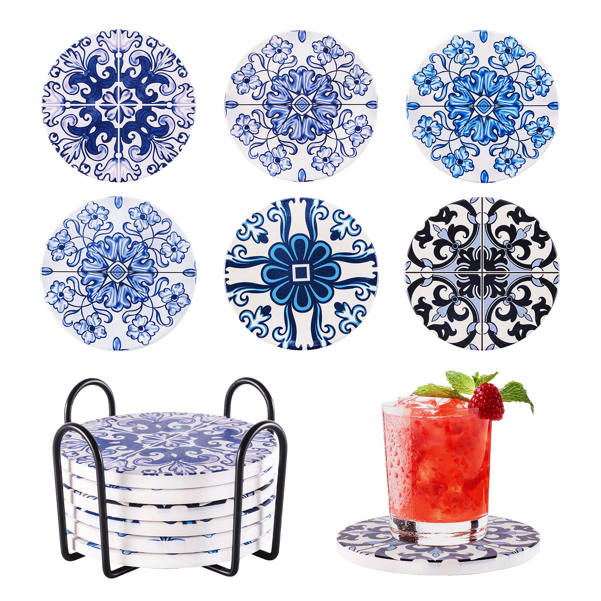 Drink Coasters with Holder,Absorbent Coaster,Ceramic Classy Drink Coasters 6Pcs Tabletop Protection,Christmas Housewarming Gifts,Suitable for Kinds of Cups (Blue)