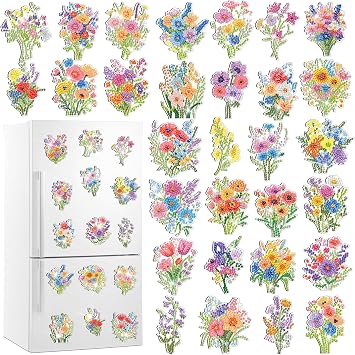Xuhal 30 Pcs Wildflower Diamond Painting Magnets Spring Flower Diamond Art Magnet Kits for Adults Colorful Floral Refrigerator Magnetic Sticker 5D Rhinestone Fridge Stickers for DIY Crafts Gifts
