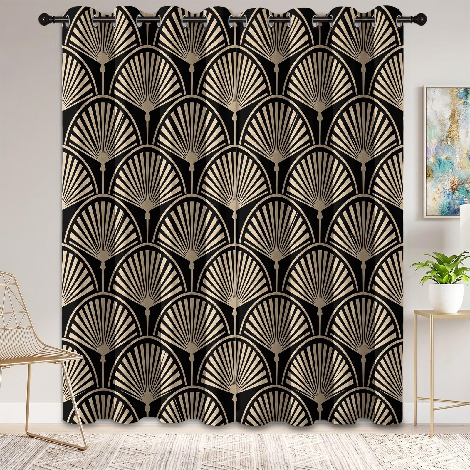 Rideau occultant Abstrait À Fleur De Ventilateur, Art Rideaux œillets Isolation Thermique Traitements fenêtre à œillets pour Salle De Séjour, 140L X 260H cm (2 Panneaux), Beige
