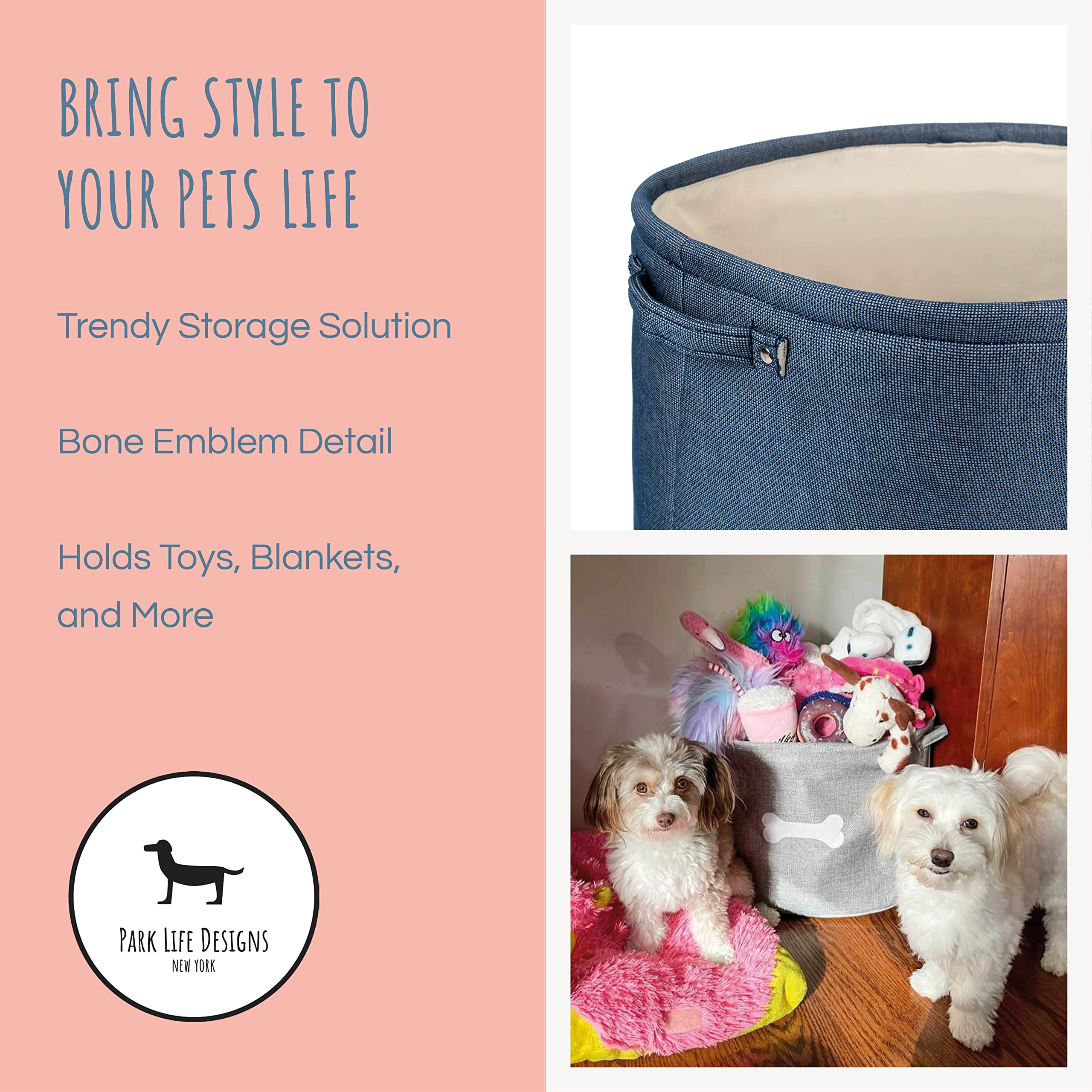 Park Life Designs - Almacenamiento de juguetes para perros para todas las mascotas, incluyendo gatos, cachorros y gatitos (Capri, azul, hueso blanco)
