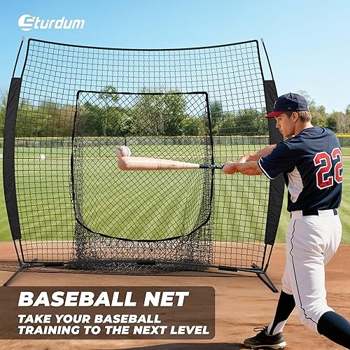 Miniatura 2 de Red de béisbol, 7x7 pies de béisbol y sóftbol con zona de golpeo para práctica de bateo, lanzamiento y fildeo, montaje rápido, portátil, con bate de