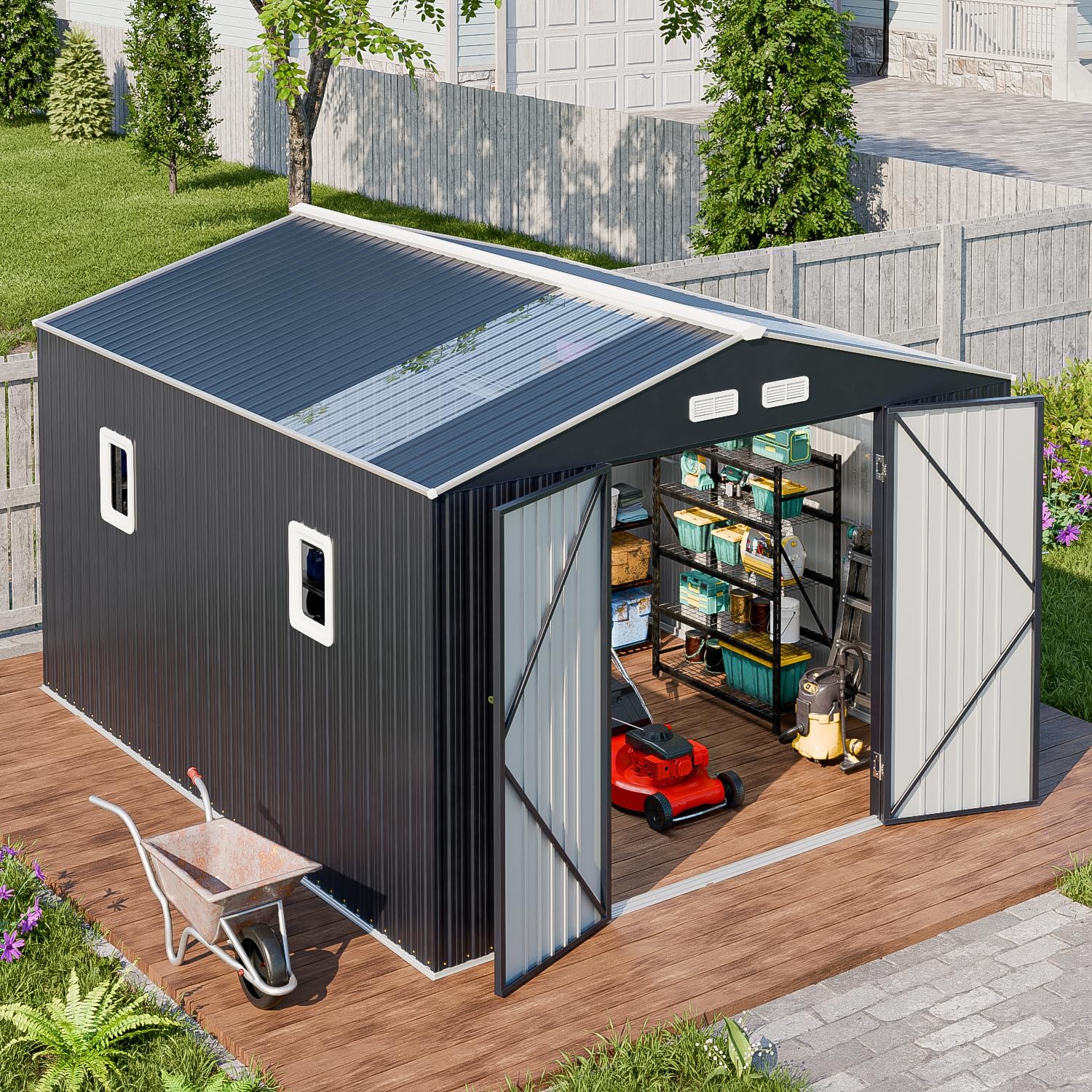 WACASA 10x12 FT Metal Shed with Base Frame Floor Kit | Heavy-Duty Military-Grade 20-Gauge Reinforced Frame with Powder Coating | 50 PSF Snow Load & 120 MPH Wind Rated | Skylight Tiny House Building