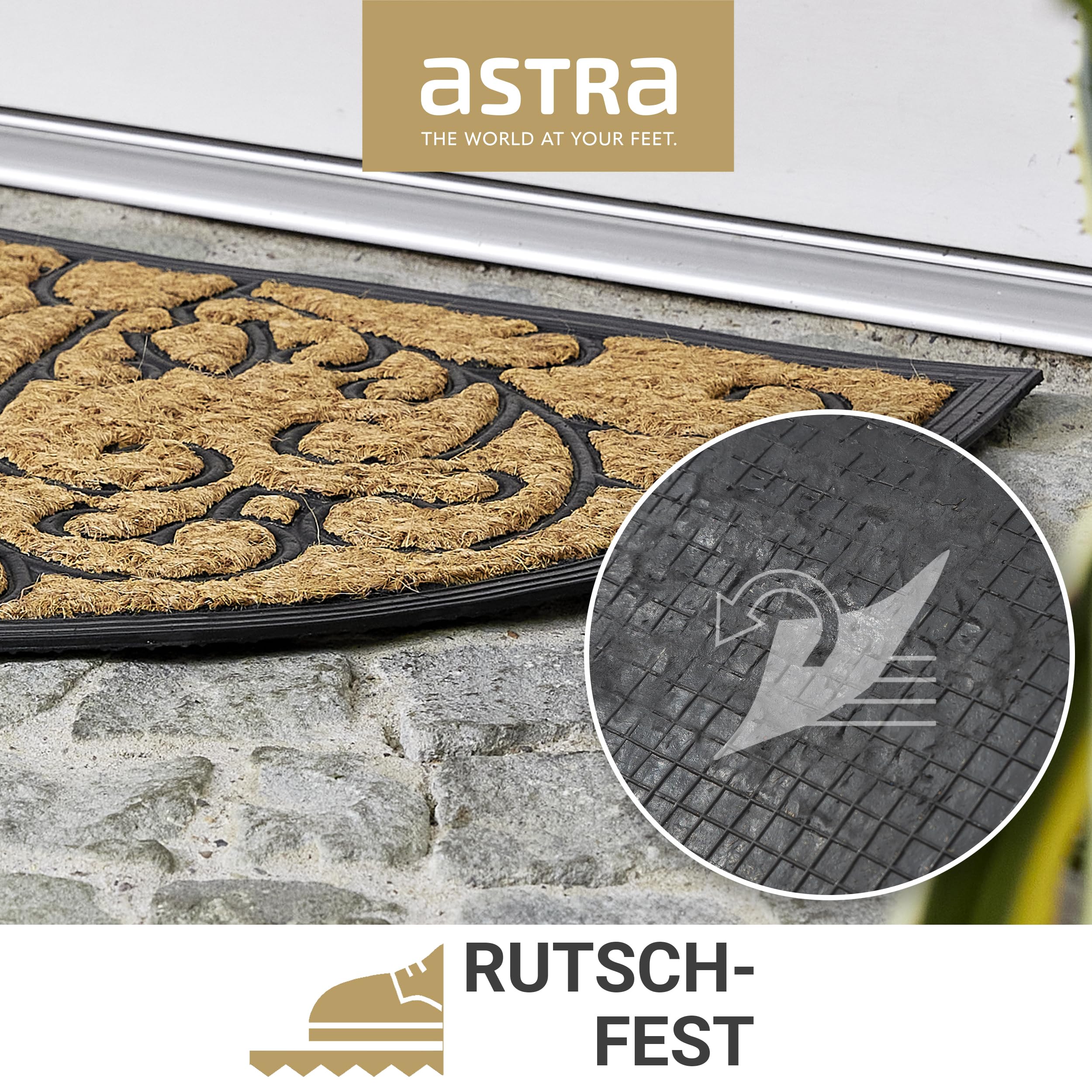 ASTRA Coco Deluxe antypoślizgowa wycieraczka zewnętrzna odporna na warunki atmosferyczne – wycieraczka z gumy i antybakteryjna kokosowa – zatrzymująca brud 45 x 75 cm, zestaw 2 szt., Relief półokrągły