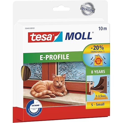 tesamoll E-Profile Seal - Self Adhesive Rubber Draught Excluder for Insulating Gaps in Windows and Doors - Brown - 10 m x 9 mm