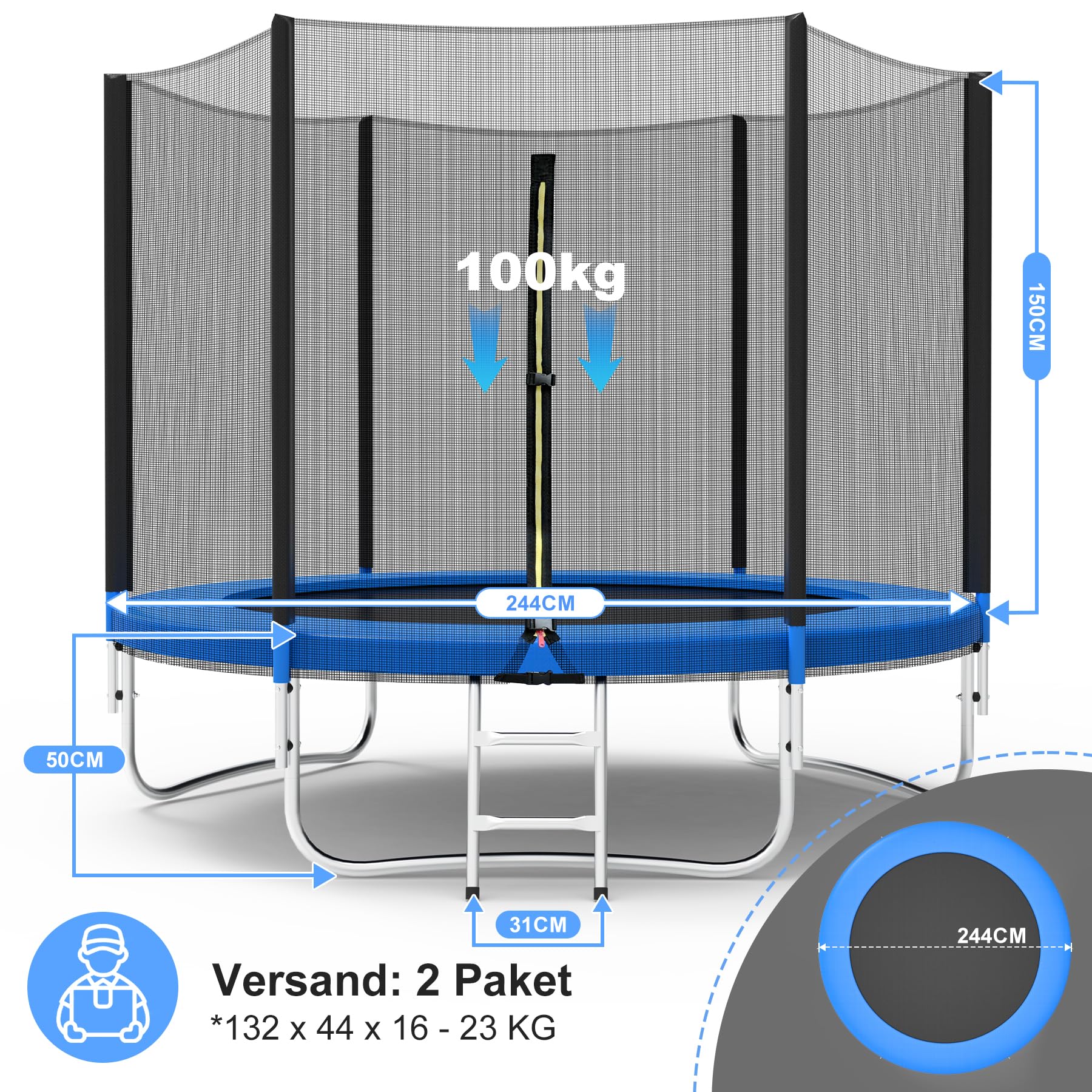 Trampolín de 183/244/305/366 cm de diámetro con red de seguridad, trampolín con combinación de escalera, resistente a los rayos UV, impermeable, para niños y familias