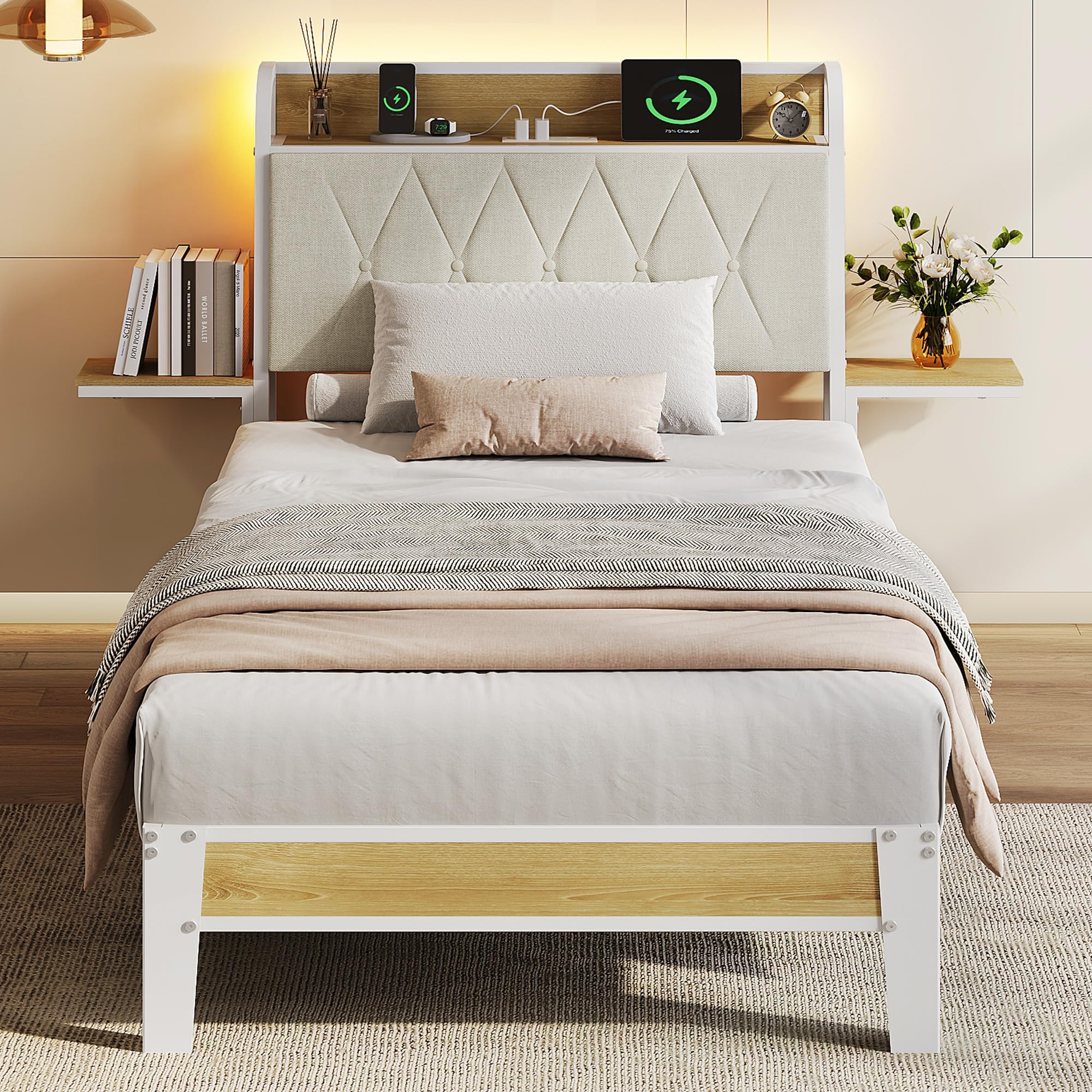 WLIVE Twin Bed Frames with Headboard, Upholstered Bed Frame with 2 Storage Shelves, Platform Bed with LED Lights and Charging Station, 600LBS Mattress Foundation, No Box Spring Needed, Beige