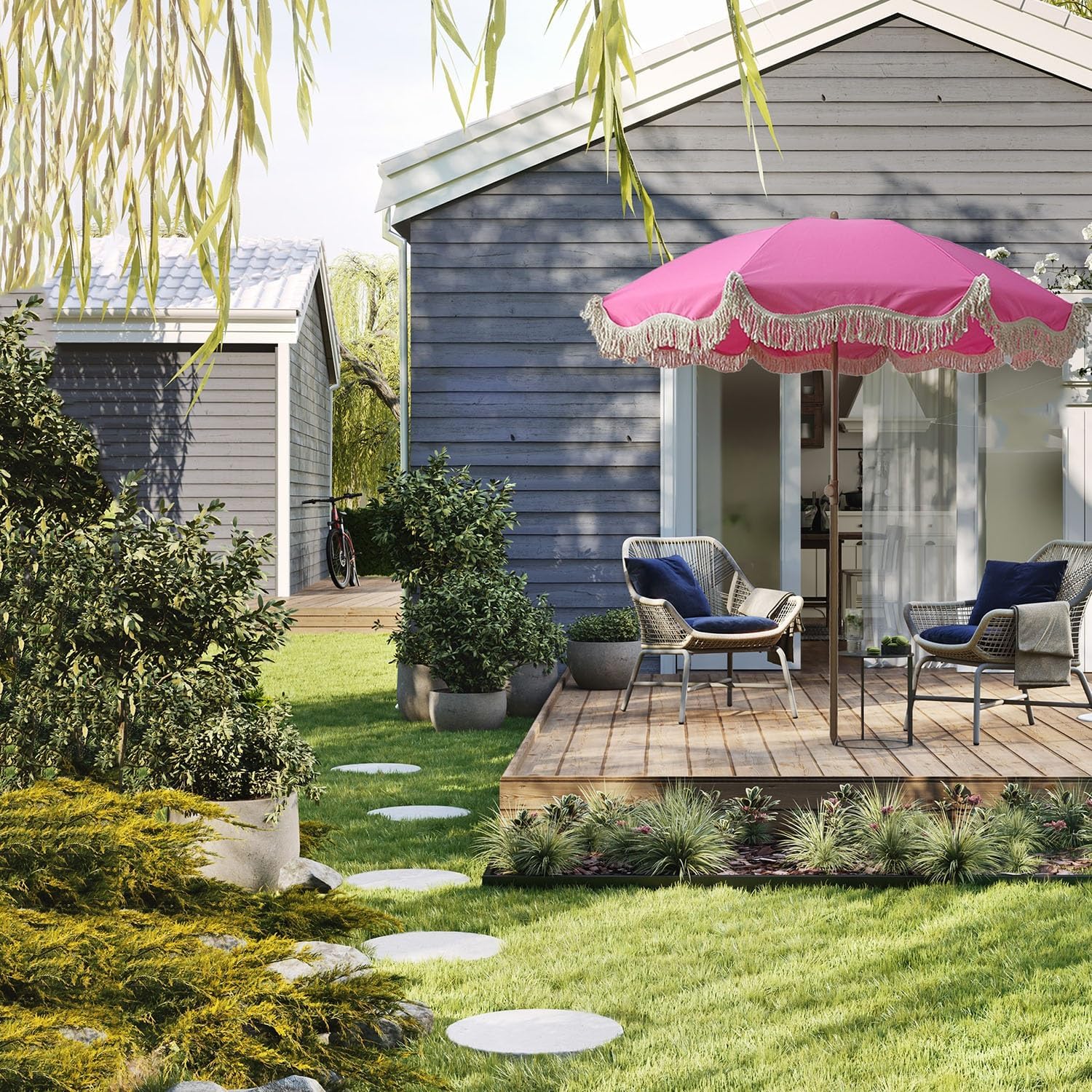 6.5 Ft Portable Pink Fringe Beach Umbrella, Outdoor Garden Sun Shade Umbrella, Boho Tassel Table Umbrella for Patio Picnic Backyard Pool Lawn