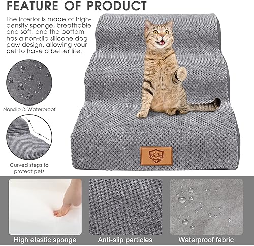 Miniatura 4 de Kphico Escaleras para mascotas, escalones antideslizantes para perros de 3 niveles, rampas de espuma de alta densidad de 15.7 pulgadas, escalones