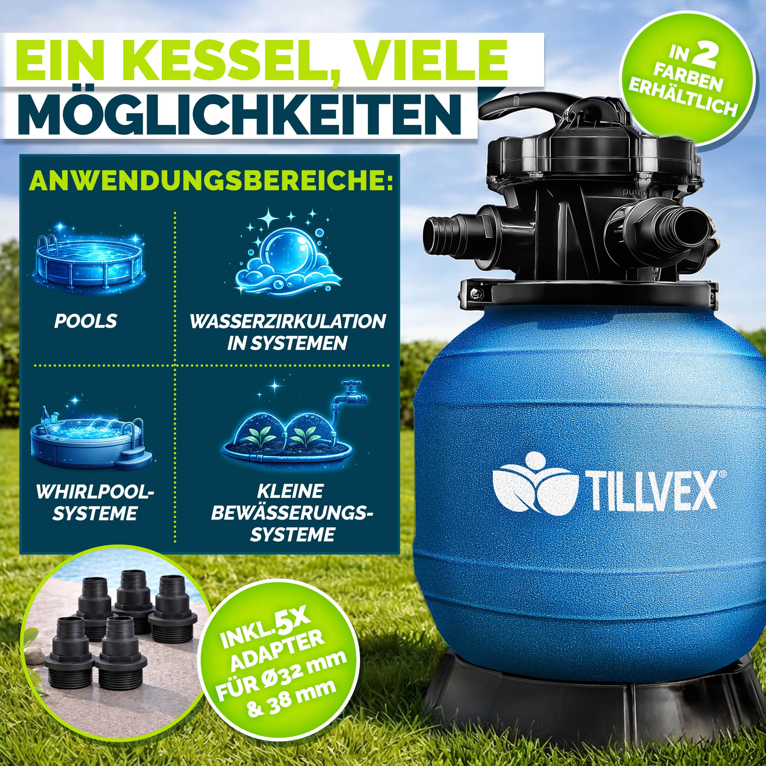 tillvex® Sandfilter Pool ohne Pumpe + Filterbälle | Filterkessel Poolfilter inkl. Adapter Ø32-38mm | Sandfilterkessel + 7-Wege-Ventil, Manometer & Saugschlauch (Blau, Bis 21 m³ (21.000 Liter) Pools)