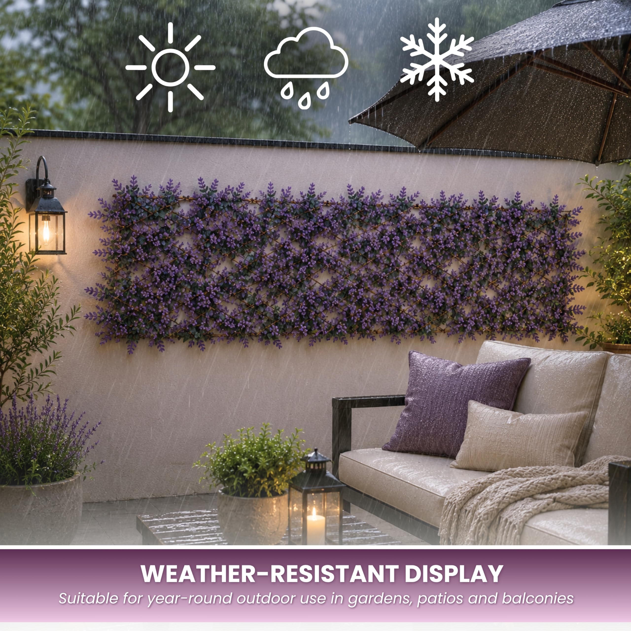 Garden Mile Treillis de fleurs violettes artificielles extensibles de 180 x 60 cm avec fausses feuilles pour jardin, clôture, panneau mural décoratif, balcon, terrasse