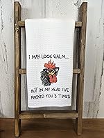 Vista 4 de I May Look Calm But In My Head I've Pecked You 3 Times Funny Gift Angry Rooster Chicken - Waffle Weave Kitchen Towel Farmhouse Decor, White
