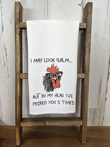 Miniatura 4 de I May Look Calm But In My Head I've Pecked You 3 Times Funny Gift Angry Rooster Chicken - Waffle Weave Kitchen Towel Farmhouse Decor, White