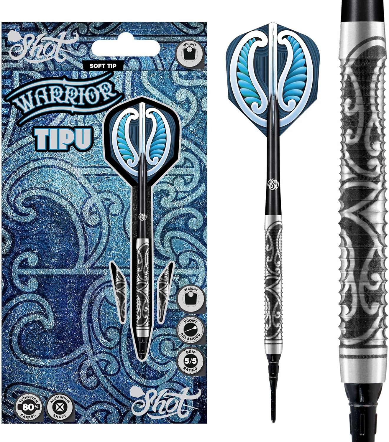 Shot Darts Soft Tip Warrior Tipu (18g/20g) 80% Tungsten Barrels Front Weighted with Secure Grip for Maximum Aerodynamics Professional Dart Set and Flights Made in New Zealand Plastic Tip Bar Darts