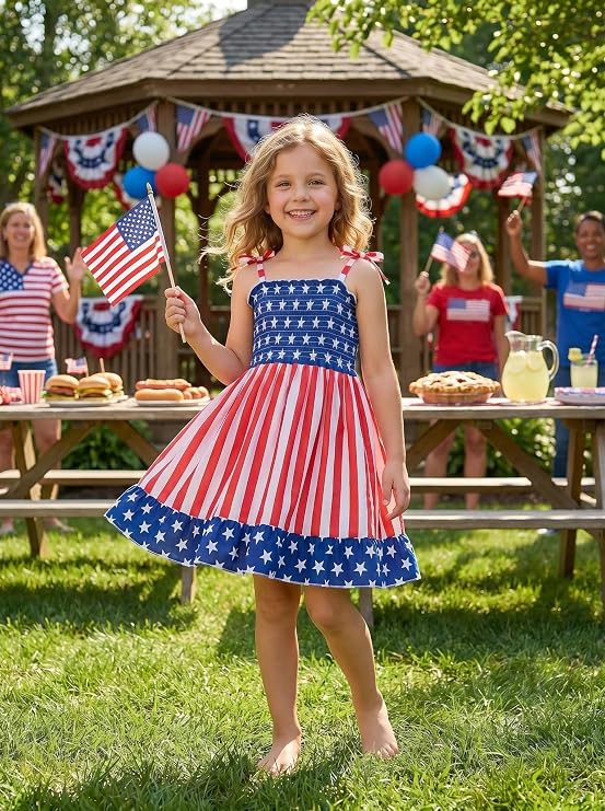 CM-Kid Little Girls 4th of July Dress Kids Independence Day Dresses American Flag Sundress Summer Patriotic Outfit Clothes