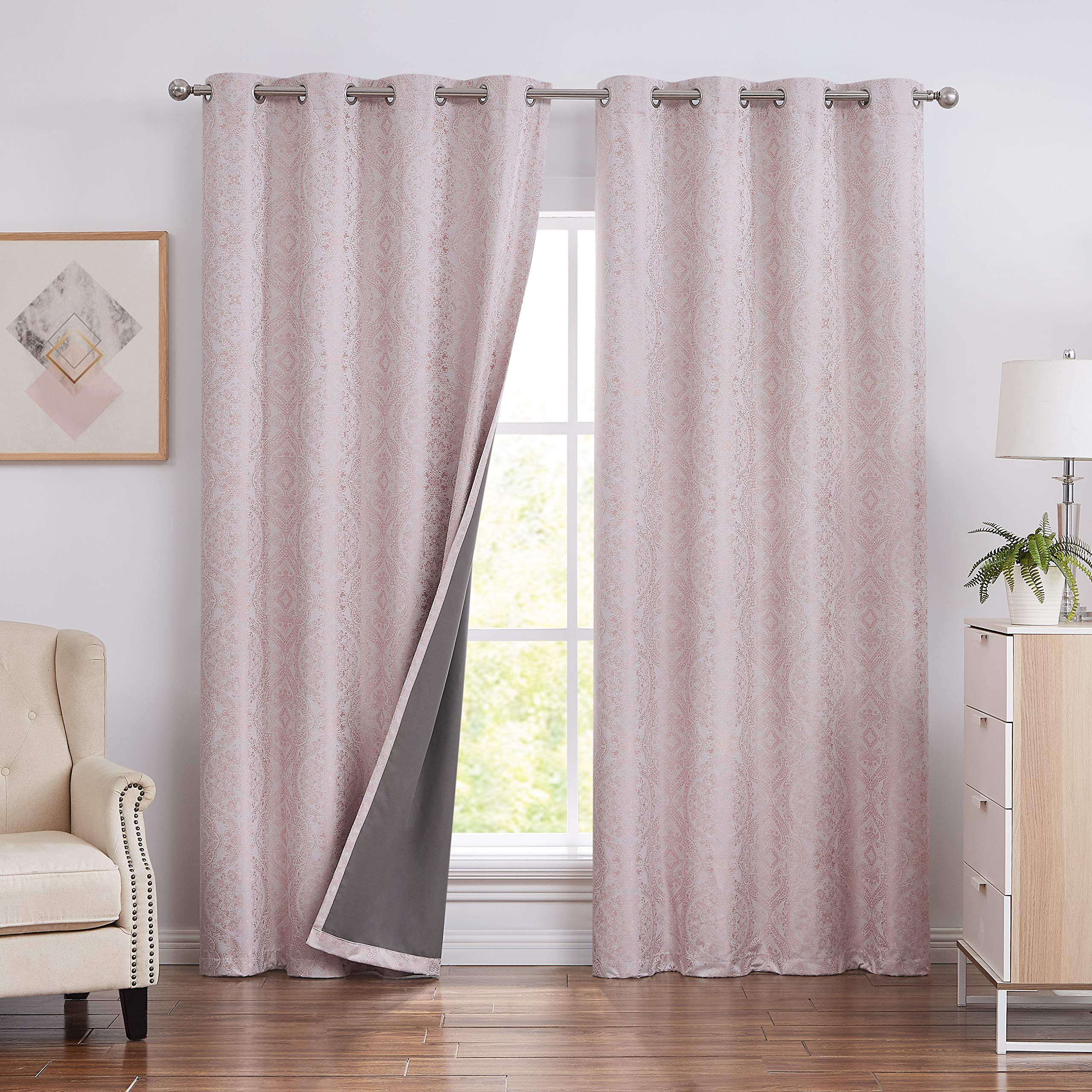 Room Darkening Blackout Curtains Coral Pink 96 Inches Long for Bedroom/Living Room Damask Print Medallion Pattern Window Panels Thermal Insulated Light Blocking Grommet Top,52" Wx95 L