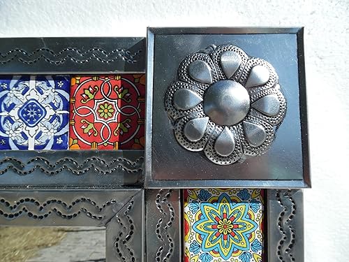 Miniatura 5 de 24" PUNCHED TIN MIRROR mixed talavera tile mexican ethnic hand made folk art