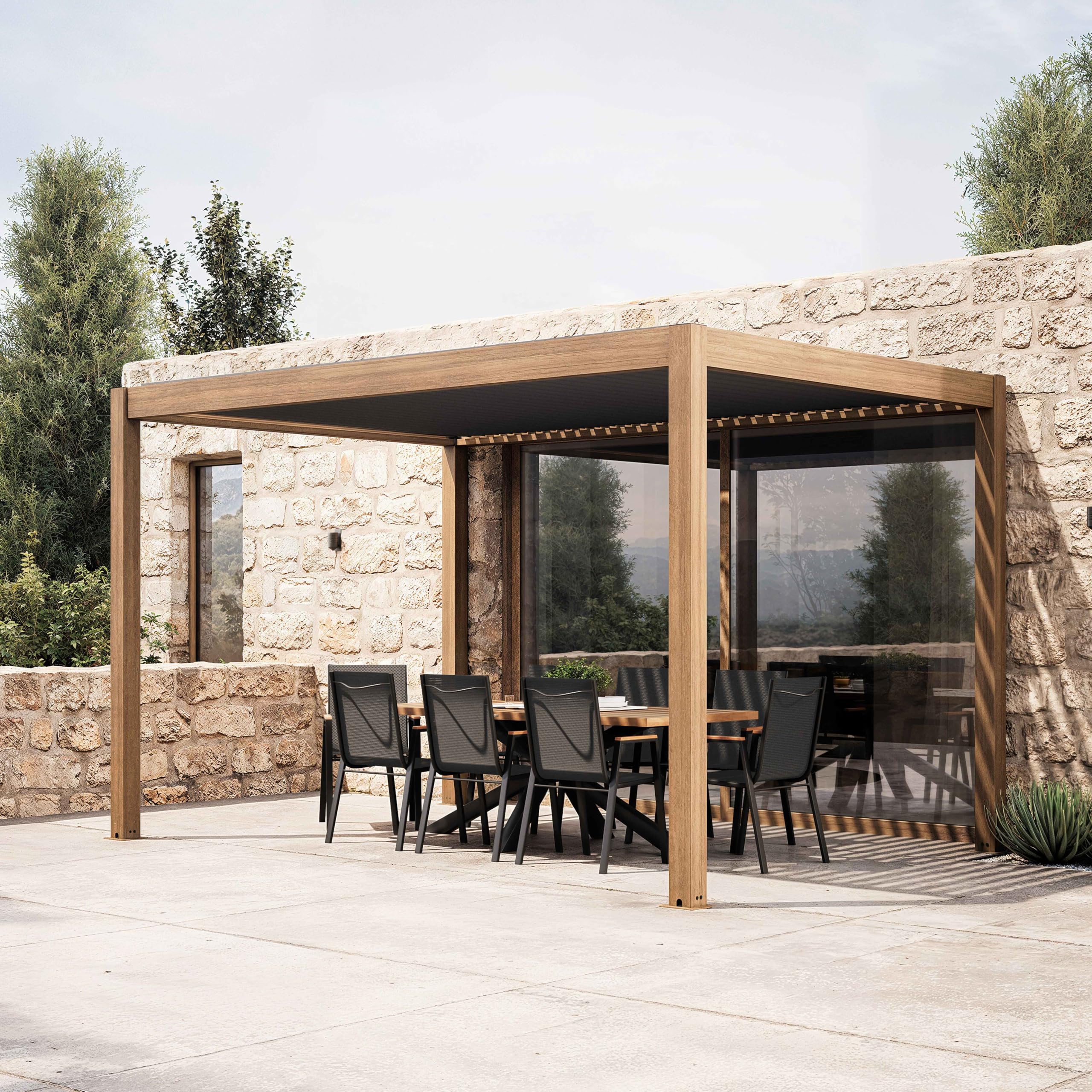 Oviala Pergola bioclimatique autoportée 3x4m et 1 Store Bois Gris