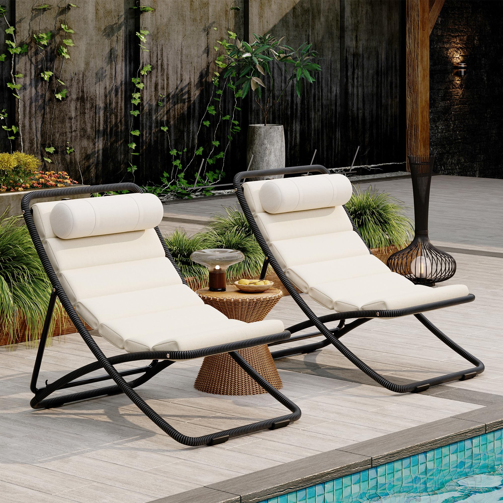 2-Piece Outdoor Folding Chaise Lounge Chair, Woven Rattan Patio Chair with Adjustable Backrest and Thick Cushion - Detachable Headrest Included for Poolside, Beach, Backyard, Deck, and Camping