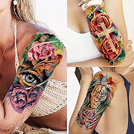 FANRUI 65 Sheets Watercolor Peony Rose Floral Temporary Tattoos For Women Arm Shoulder, Groovy Compass Flower Fake Tattoo Owl Blue Tribal Eye Skull Tiger, Long Lasting Tatoos Sleeve Angel Girls Adults