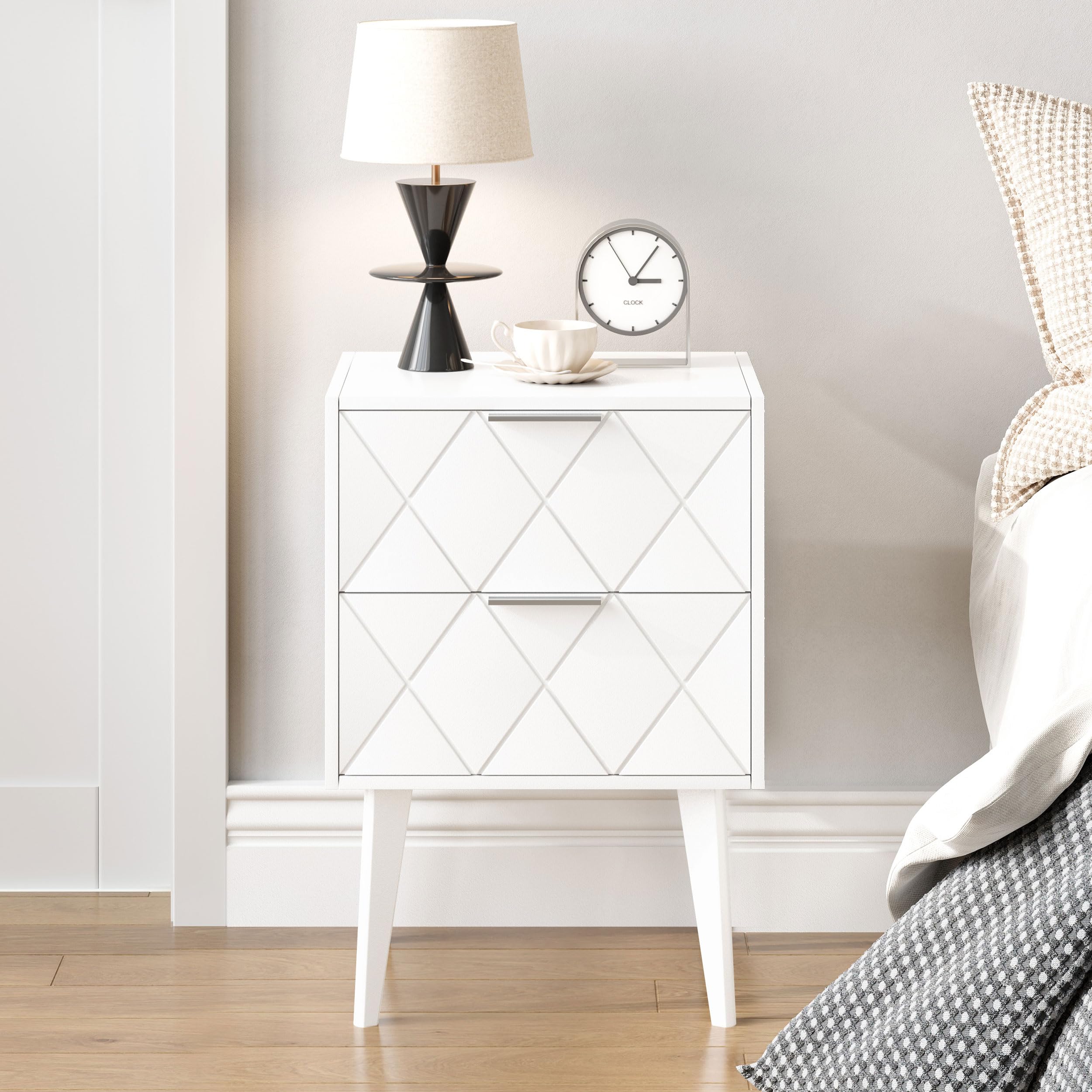 Mesitas de Noche Blancas con Dos Cajones Bedside Table | Estilo Moderno Y Elegante,Fabricado En Madera,Estructura Estable Sin Vibraciones,Para Salón Y Dormitorio