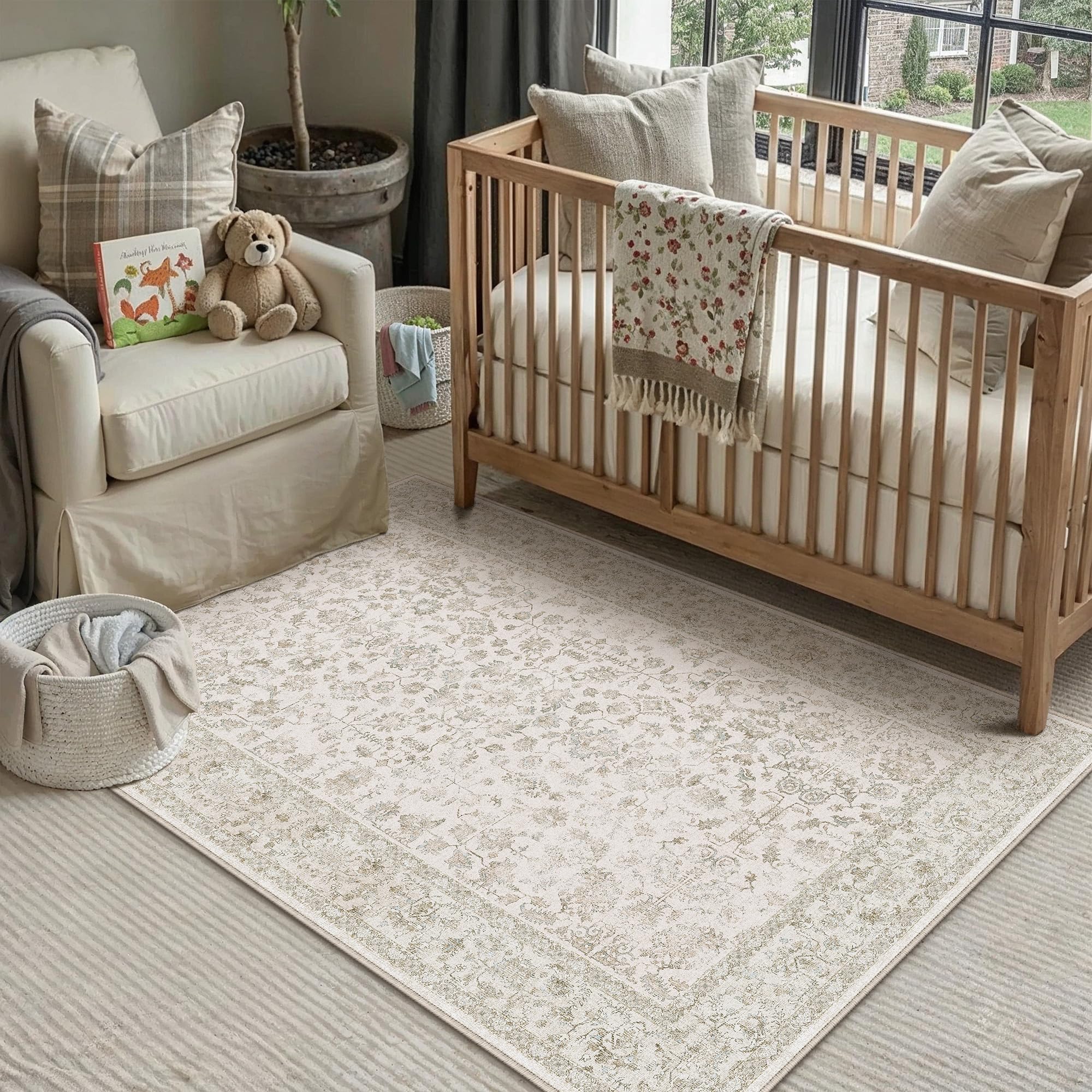 PureCozy 120x170 cm Washable Rugs Living Room Vintage Distressed Floral Area Rugs with Non-Slip Backing, Machine Washable, Lightweight Low Pile Carpet for Bedroom Office Dining Room Dorm, Beige — image 1