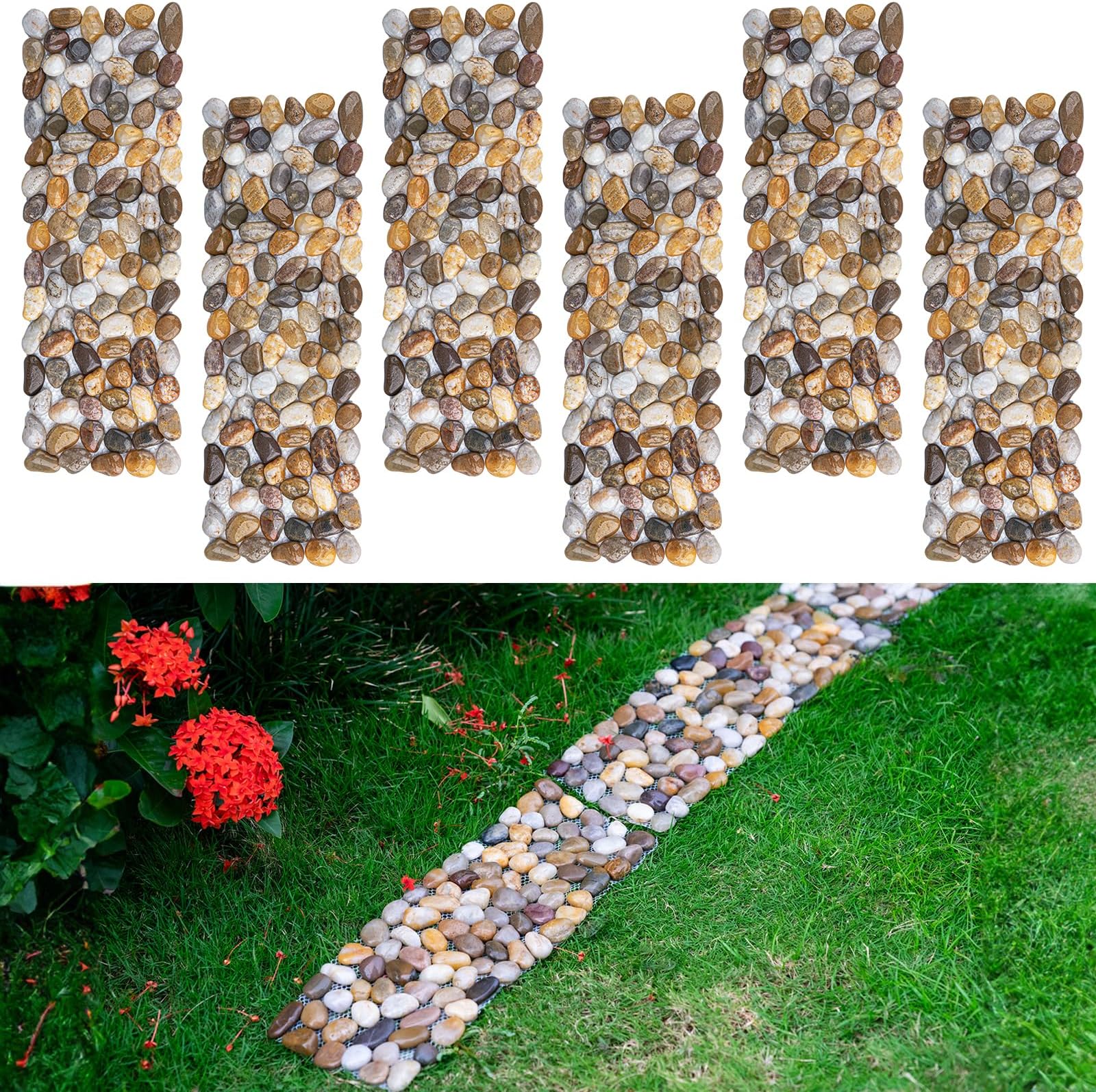 Qualdout River Rocks Stepping Stones Pavers Outdoor for Garden Walkway, Pebbles Polished Gravel for Yard Lawn Patio Pathway Landscaping, 6PCS (Rectangle)