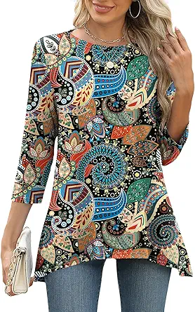 LOMON 3/4 Sleeve Tunic Tops for Women Loose Fit Dressy Casual Blouse Flowy Shirts to Wear with Leggings S-3XL