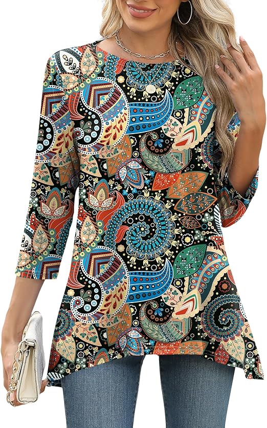 LOMON 3/4 Sleeve Tunic Tops for Women Loose Fit Dressy Casual Blouse Flowy Shirts to Wear with Leggings S-3XL