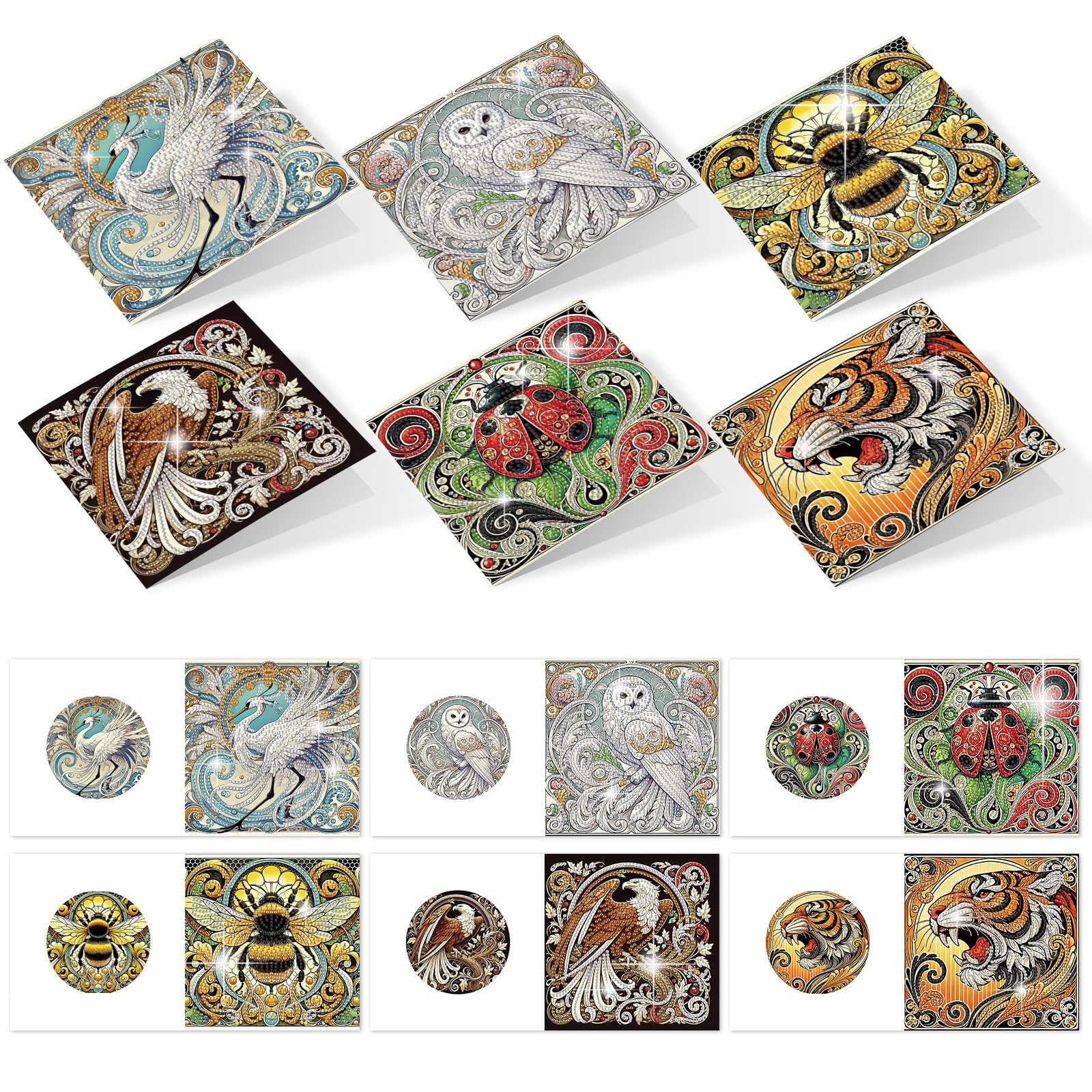 CustmArti Diamond Art Painting DIY Holiday Greeting Card Creative Blessing Folding Six-Pack Stationery Ornament Handmade Present Embroidery-Animals