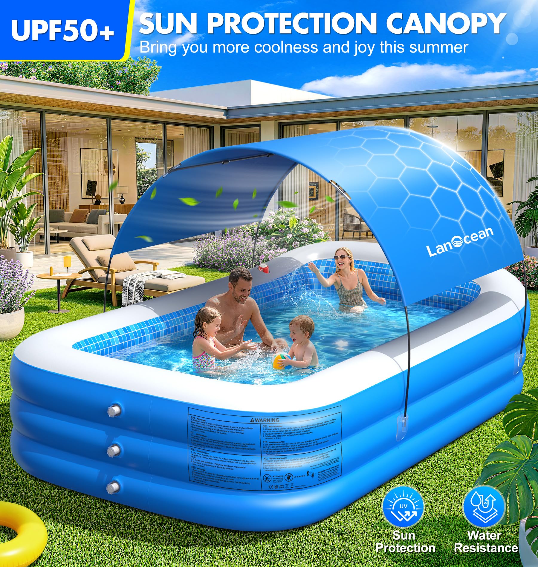 LanOcean Piscina Hinchable Adultos con Sombrilla, 280*160*50cm Piscinas Hinchables Grandes, 0,53mm Rectangular Piscina Hinchable infantil con Asiento y Portavasos, Piscinas Hinchables Familiar Jardin