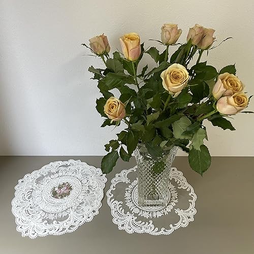 Miniatura 5 de 4 manteles individuales de encaje retro, manteles bordados, manteles de mesa, manteles de ganchillo francés, blanco (bonquet en círculo)