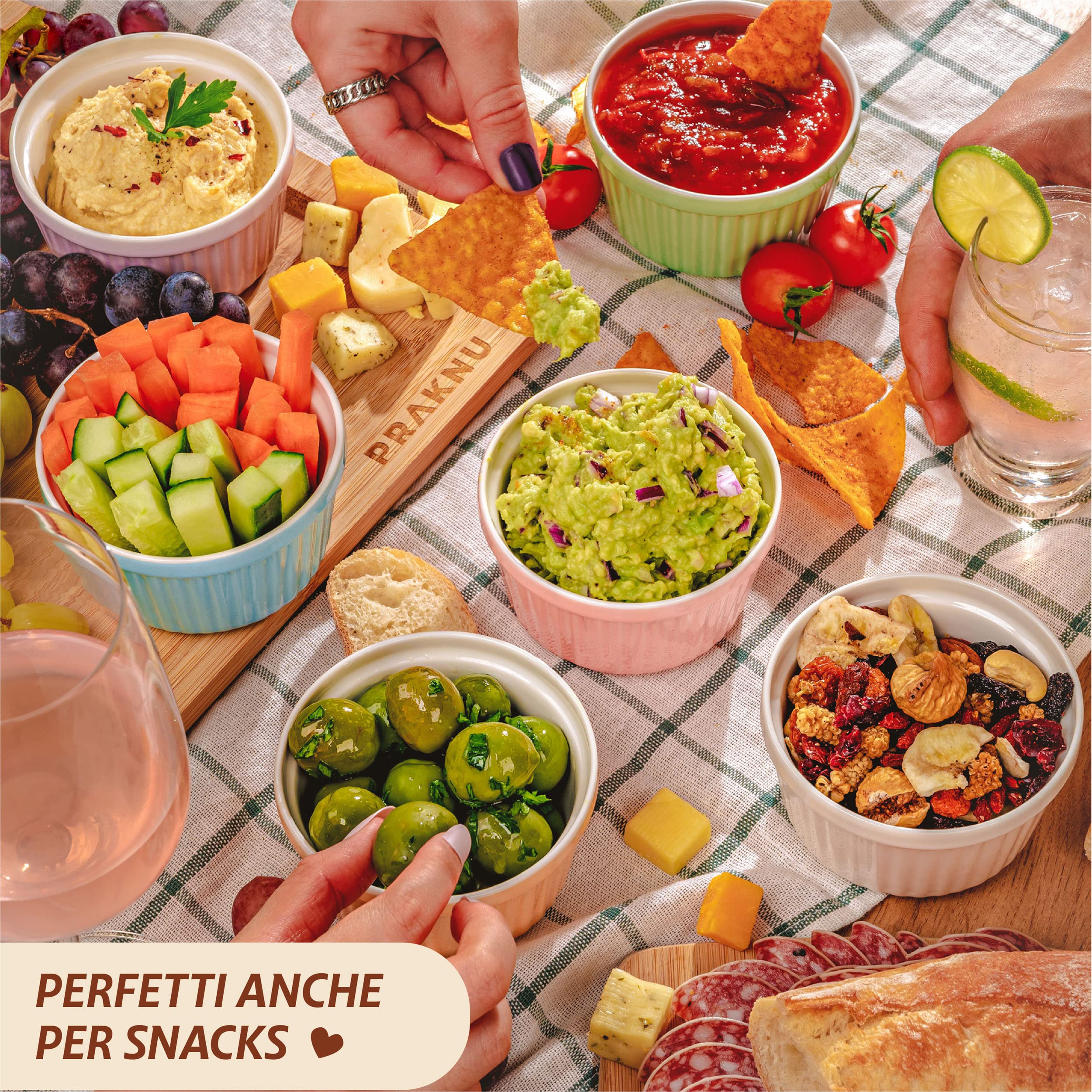 Praknu 6 Pirottini in Ceramica - Adatti per uso in Forno - 200 ml - ø 9 cm - Impilabili - Rivestimento Antiaderente - Imballaggio senza Plastica