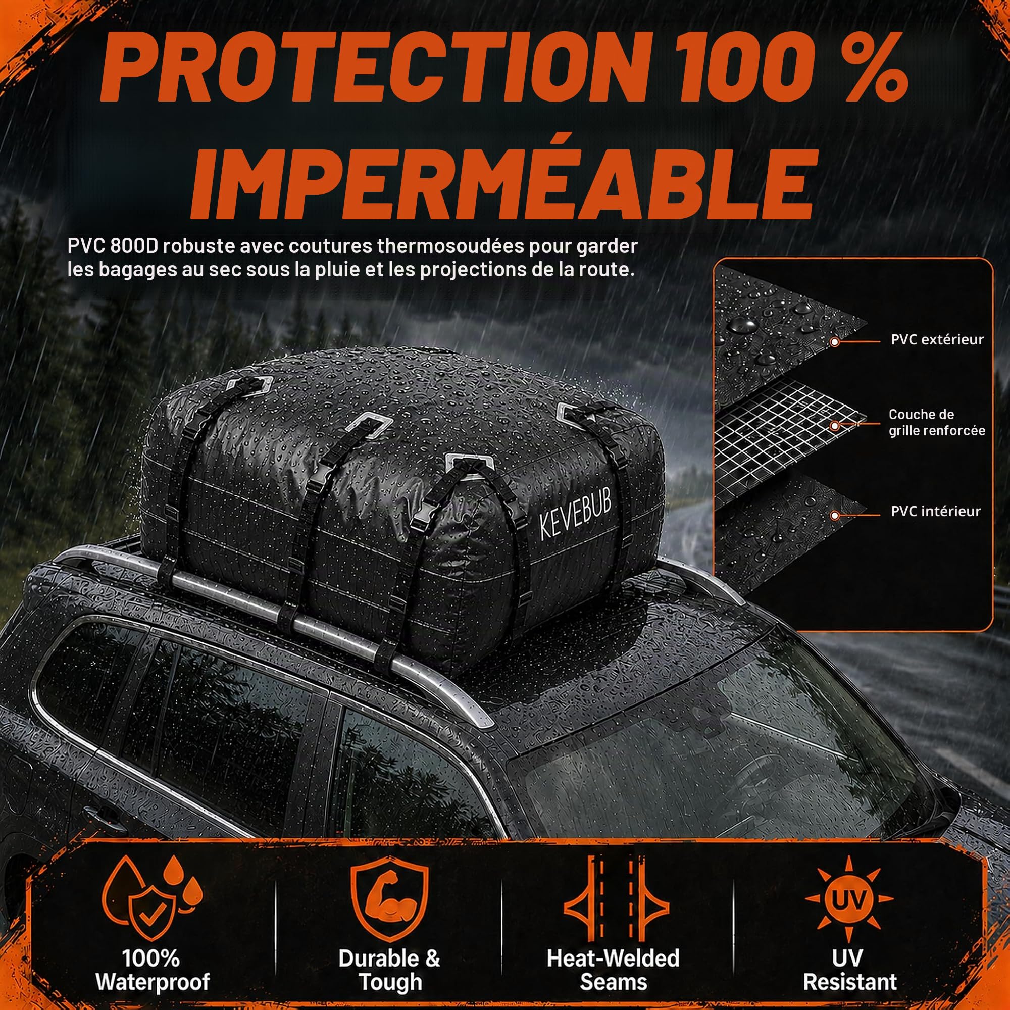 Coffre de Toit Souple - 600L (21 Cu Ft) 100% Étanche - Sac de Toit Voiture Pliable pour Tout Véhicule Avec/Sans Barres - Inclut Tapis Antidérapant, 6 Crochets & Cadenas de Sécurité