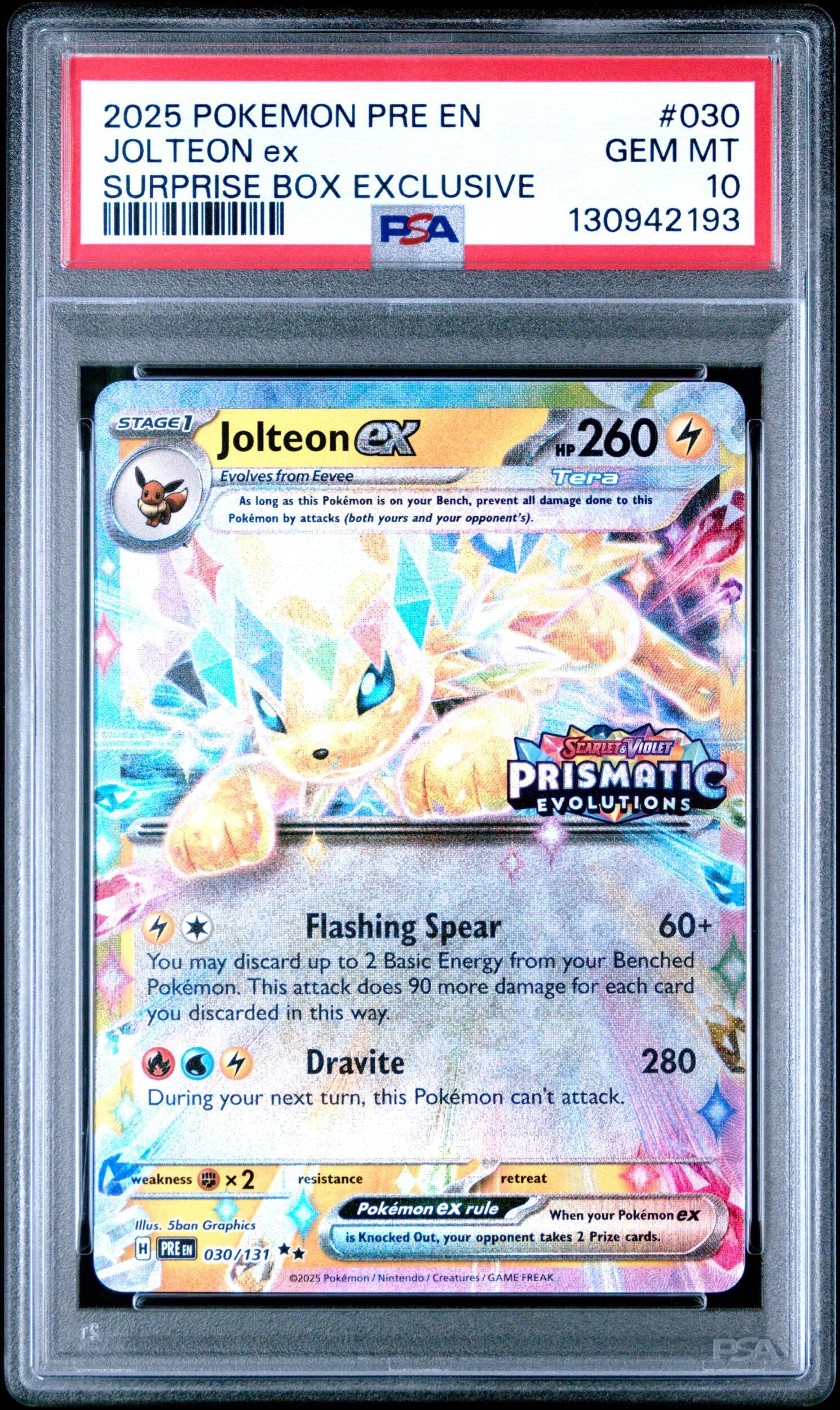 Graded 2025 PKM PRE EN Jolteon ex #030 Surprise Box Exclusive Prismatic Evolutions Trading Card Game PSA 10 Gem Mint