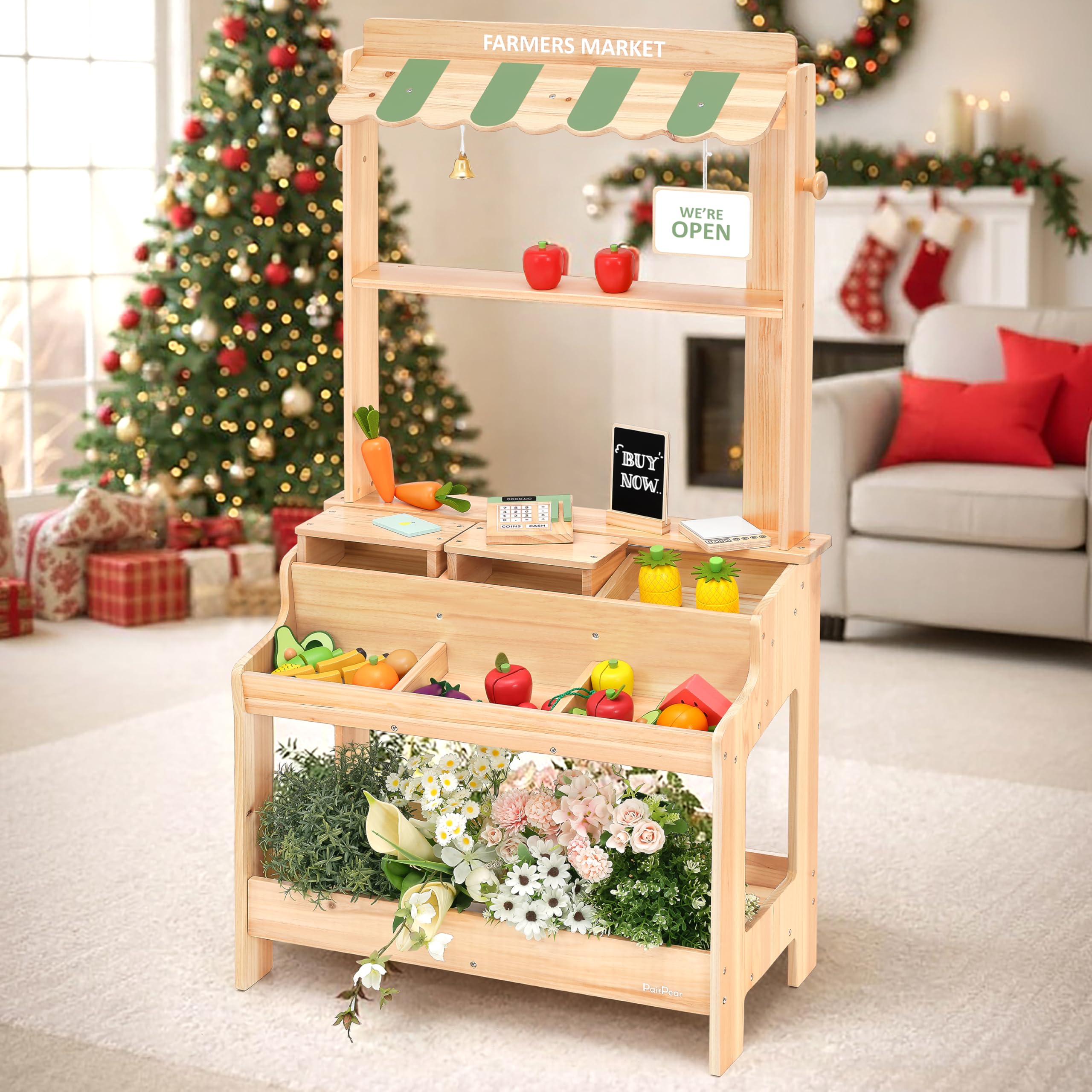 PairPear Wooden Mud Grocery Stand, 2-in-1 Outdoor Market Stand & Mud Kitchen for Kids Outdoor, Montessori Pretend Play Toy with 14 Accessories, Cash