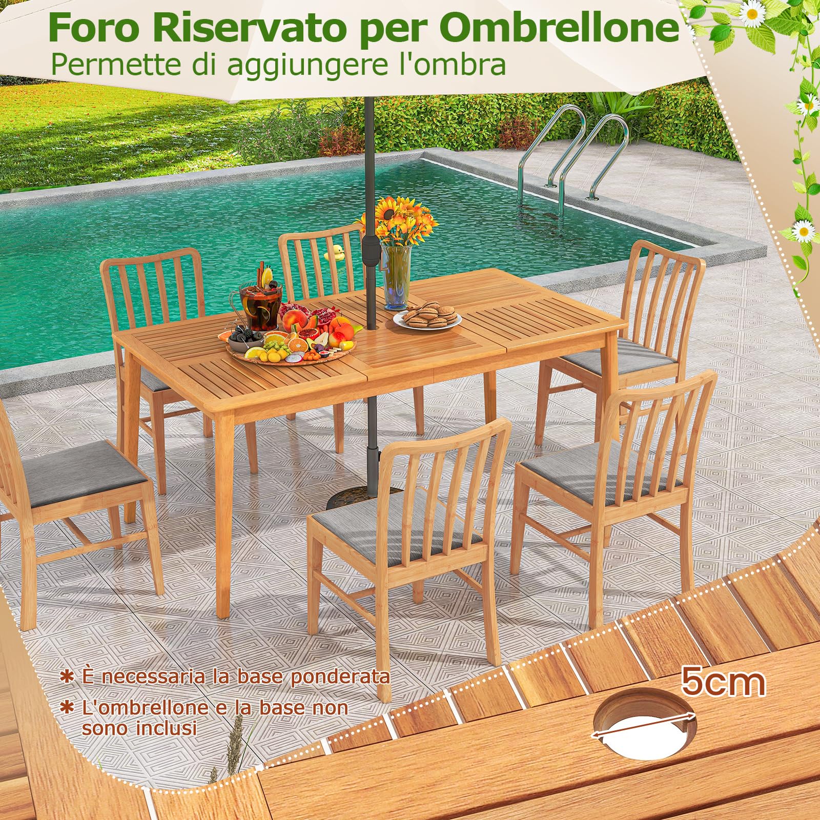 COSTWAY Tavolo Pranzo da Esterno 170 cm, con Foro per Ombrellone 5 cm, Tavolo Giardino in Legno Acacia a 6 Posti, per Giardino Patio, Portata 160 kg, 170 x 90 x 75,5 cm