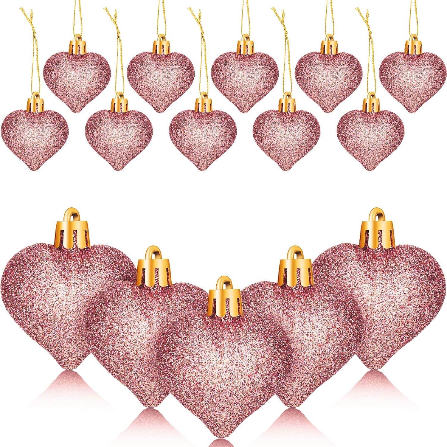 48 Pieces Heart Shaped Valentine Ornaments Glitter Heart Tree Baubles Heart Shaped Hanging Ornaments for Valentine's Day Wedding Anniversary Decoration (Rose Gold)