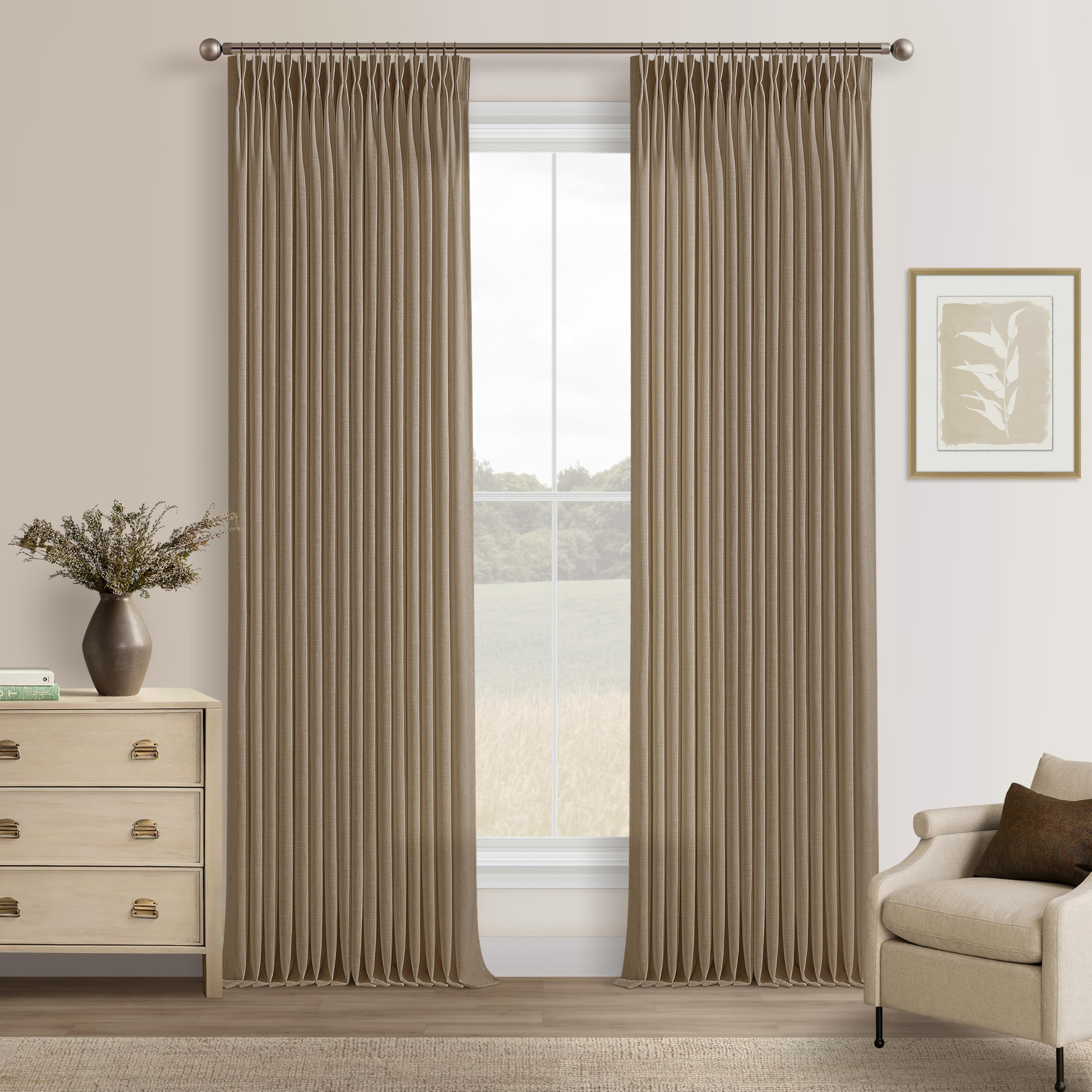 Photo 1 of Latte Pinch Pleated Linen Curtains 102 Inch Length 2 Panels Set Rustic Light Brown Light Filtering Privacy Pleat Curtain for Living Room Bedroom Sliding Door Back Tab Flax Linen Drapes 102 Inches
