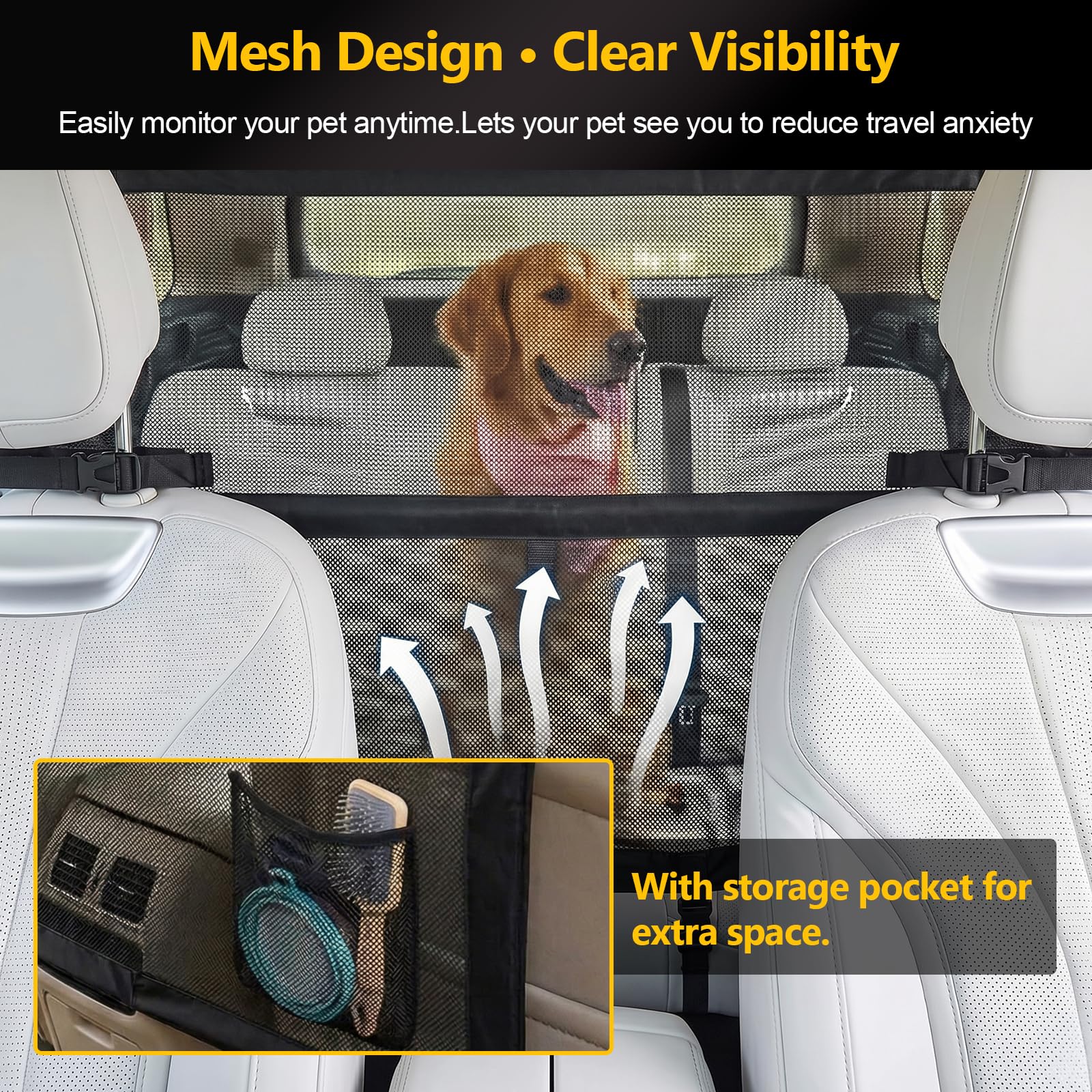 Hundegitter Auto mit Metallrahmen & Sichtnetz, 127 x 142 x 81cm Haustierbarriere Schutznetz Barriere Trennnetz, Universal Hunde Barriere für Kofferraum oder Rücksitz, für SUVs Lkws Fahrzeuge, Schwarz