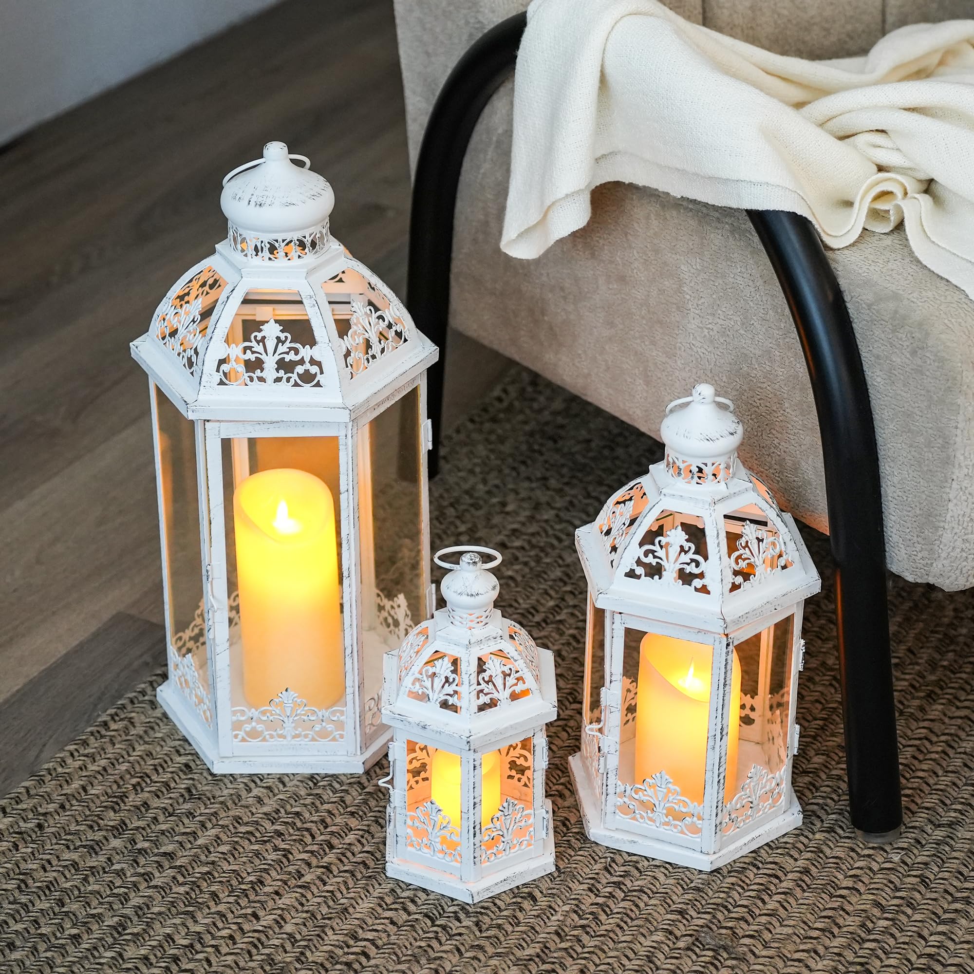 TRIROCKS Dekoracyjne lampiony w stylu vintage, metalowe, ze szkłem hartowanym, do użytku wewnątrz i na zewnątrz, do domu, na imprezę, do ogrodu, (białe z szarą szczotką)