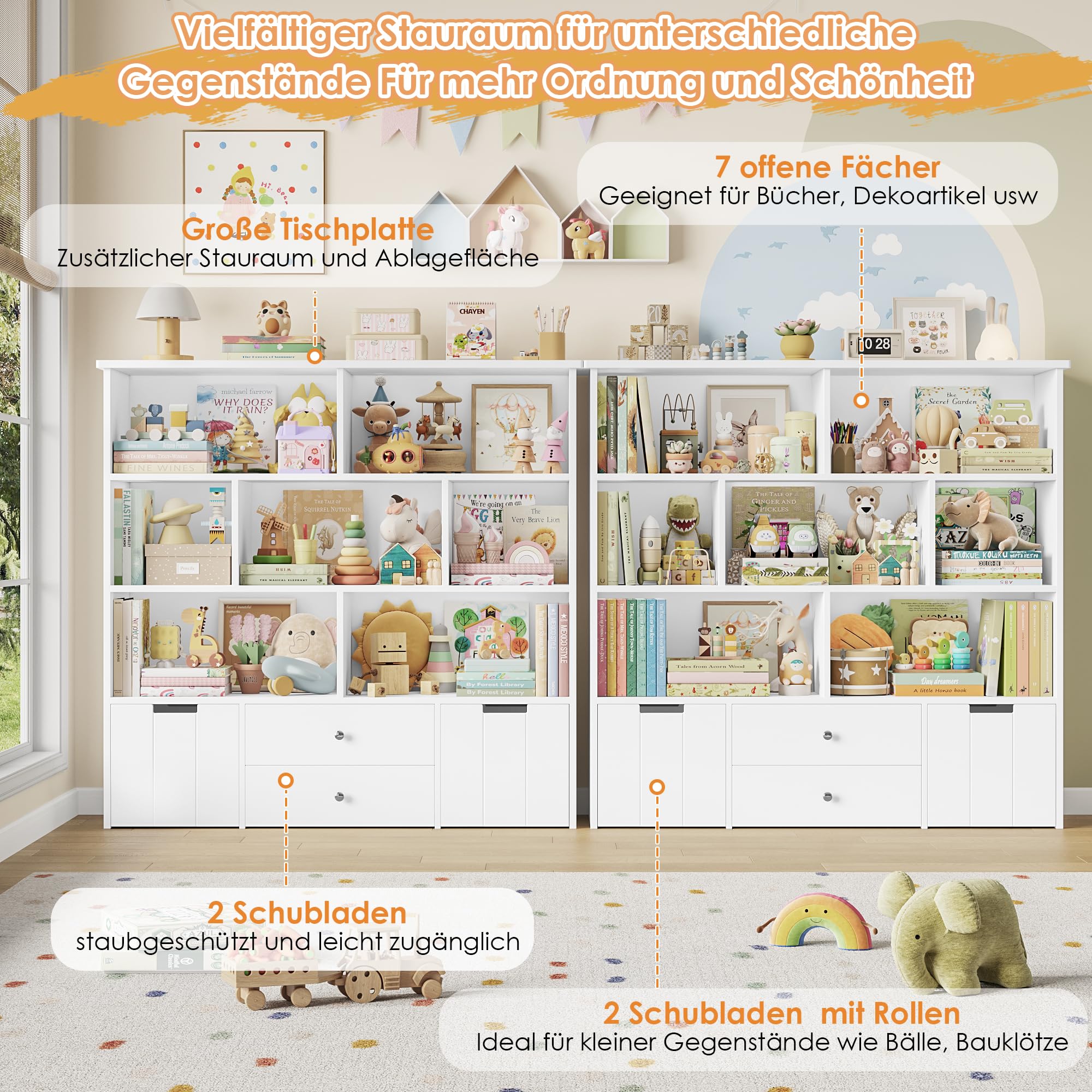 FOREHILL Kinderregal mit 4 Schubladen, Kinderzimmer Möbel, Bücherregal | Kinderregal mit Boxen auf Rollen, Regal Kinderzimmer, Spielzeug Aufbewahrung für Kindergarten, Leseecke 125x33x120cm