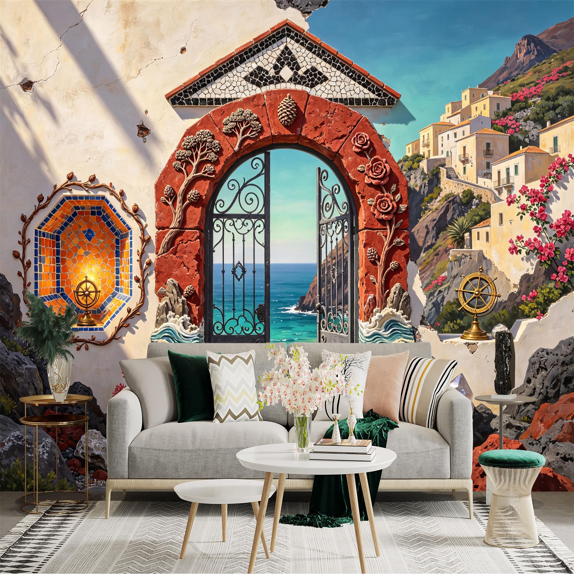 Custom Size Wall Sticker Mural， Coastal Archway Ocean View Mediterranean Village Floral Terrace， for wall Decoration， peelandstick wall Decals.
